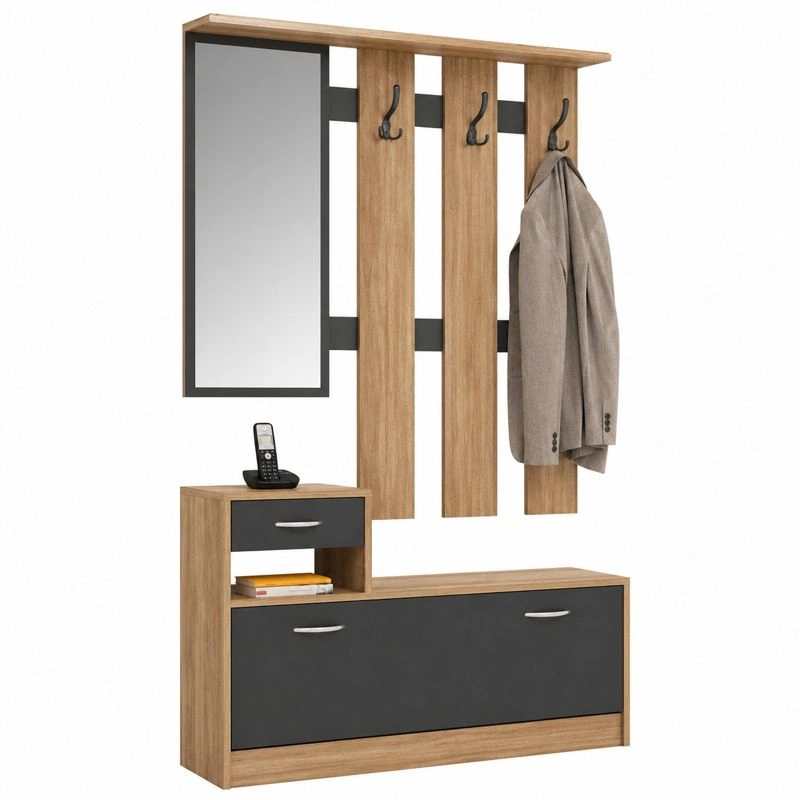 Garderoben Set mit Spiegel und Sitzbank Vintage Holzoptik Braun Schwarz 3 Haken Wandpanel-henvaro 