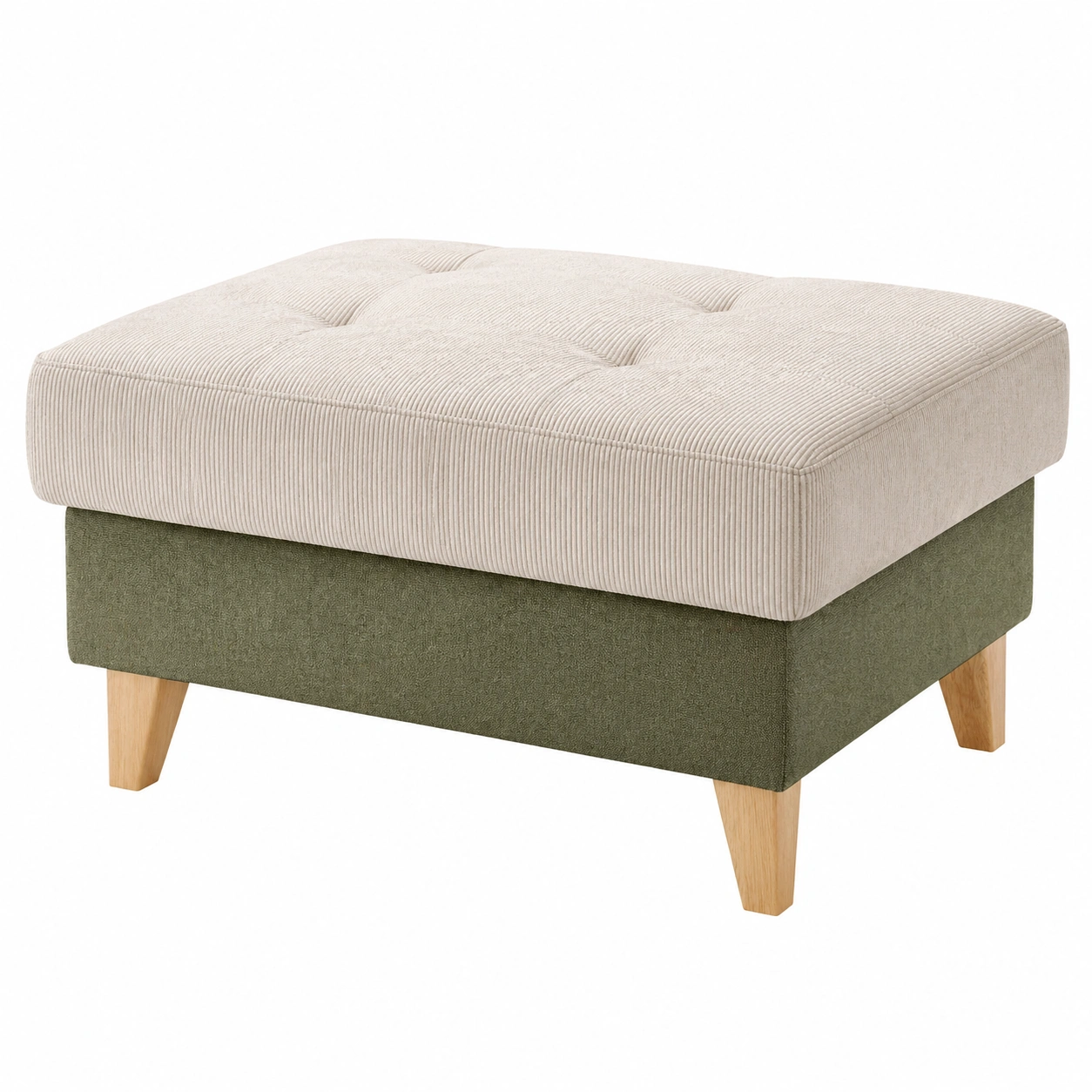 Moderner Polsterhocker Sitzbank rechteckig mit Cordstoff Beige und Stoffbasis Grün Holzbeine B/H/T ca 108x45x76 cm-henvaro 