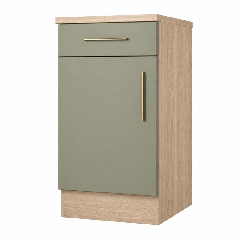 Moderner Unterschrank grun matt Holzoptik mit Schublade und Tuere 40x82x57 cm-henvaro 