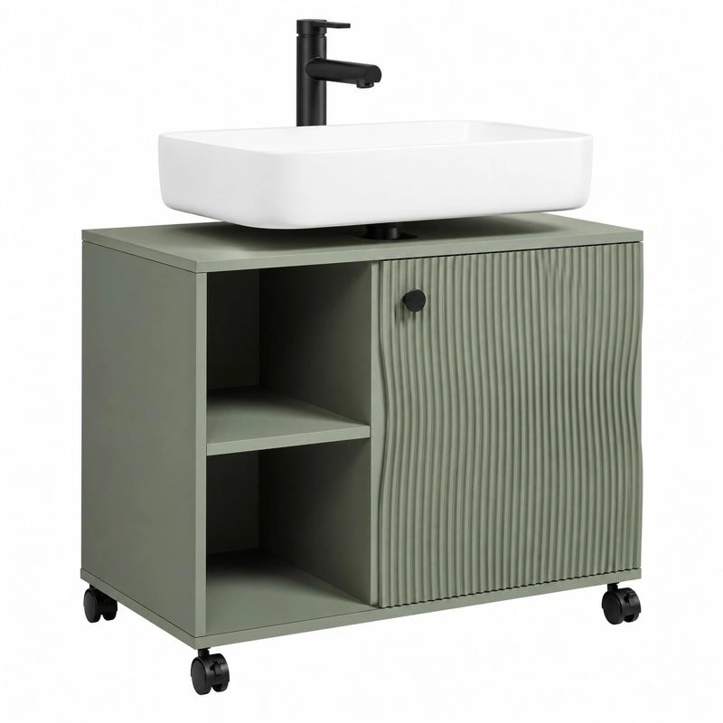 Moderner Waschbeckenunterschrank mit Aufsatzbecken und Rollen in Salbeigruen geriffeltes Design 80x64x42 cm-henvaro 