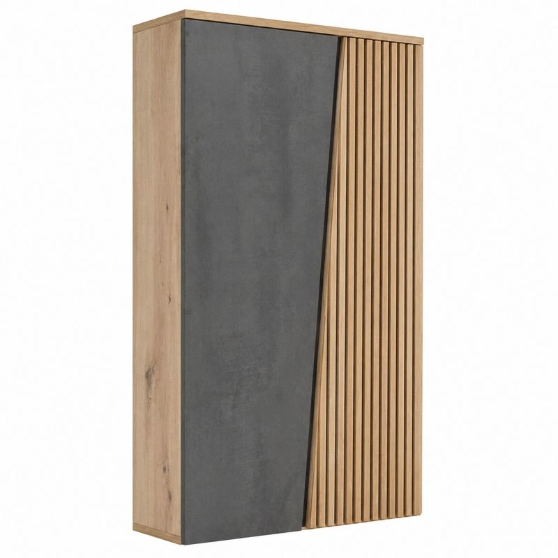 Garderobenschrank modern mit Lamellenfront und asymmetrischem Design Eiche Optik Beton dunkel 70x196x36 cm-henvaro 