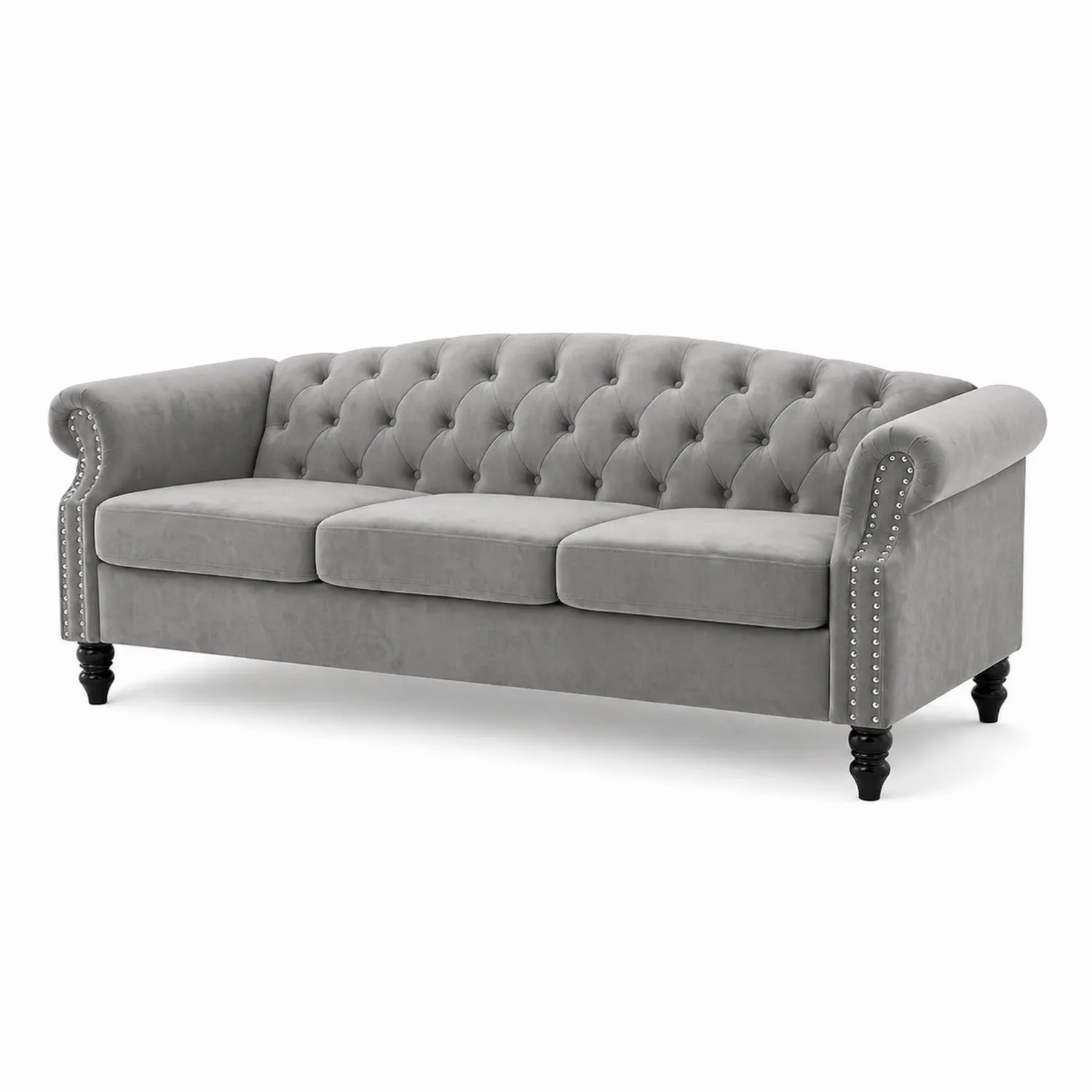 Sofa 3-osobowa welurowa Szara z drewnianymi nogami