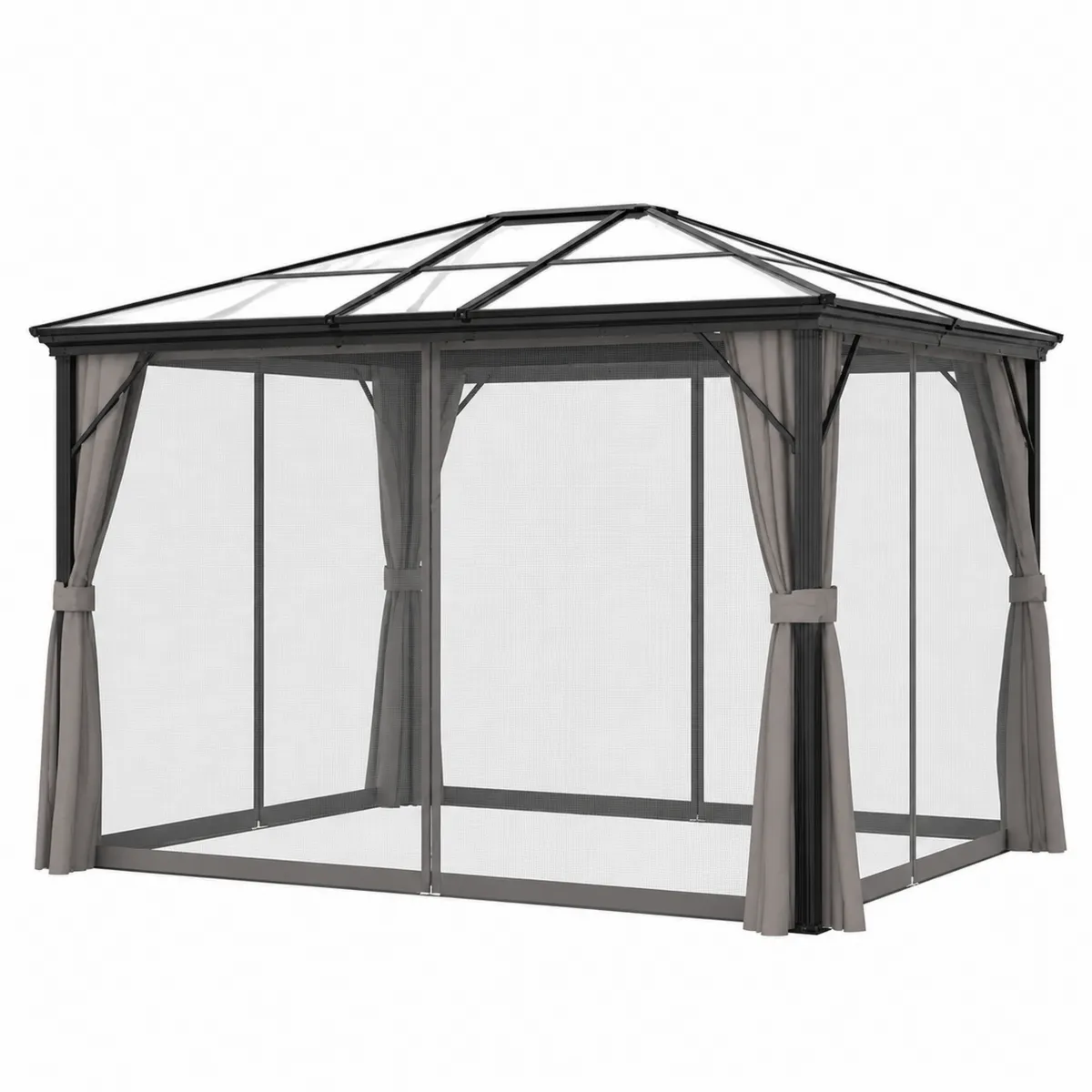 Altana ogrodowa aluminiowa ze szkłem hartowanym i szarymi zasłonami 300x400 cm