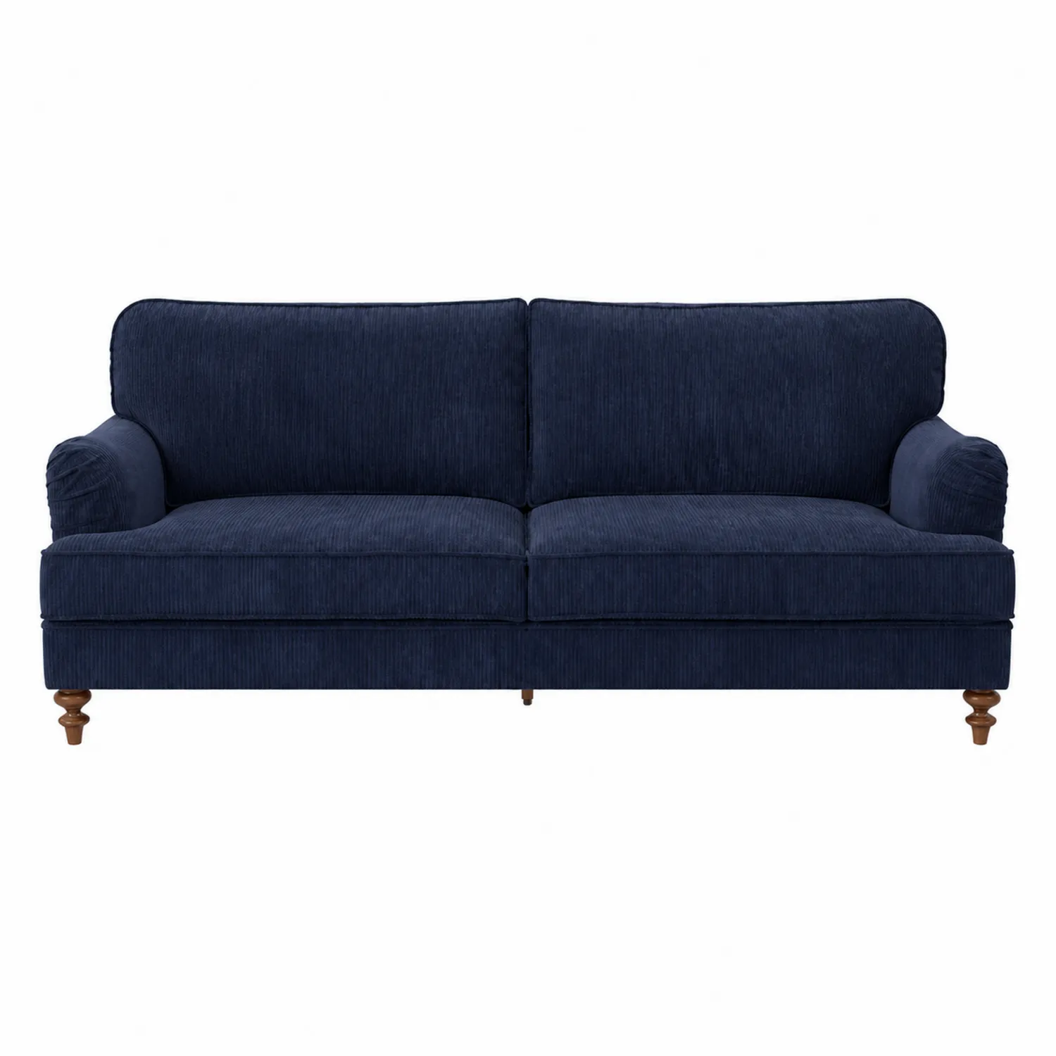 Trzyosobowa sofa granatowa z weluru z drewnianymi nogami