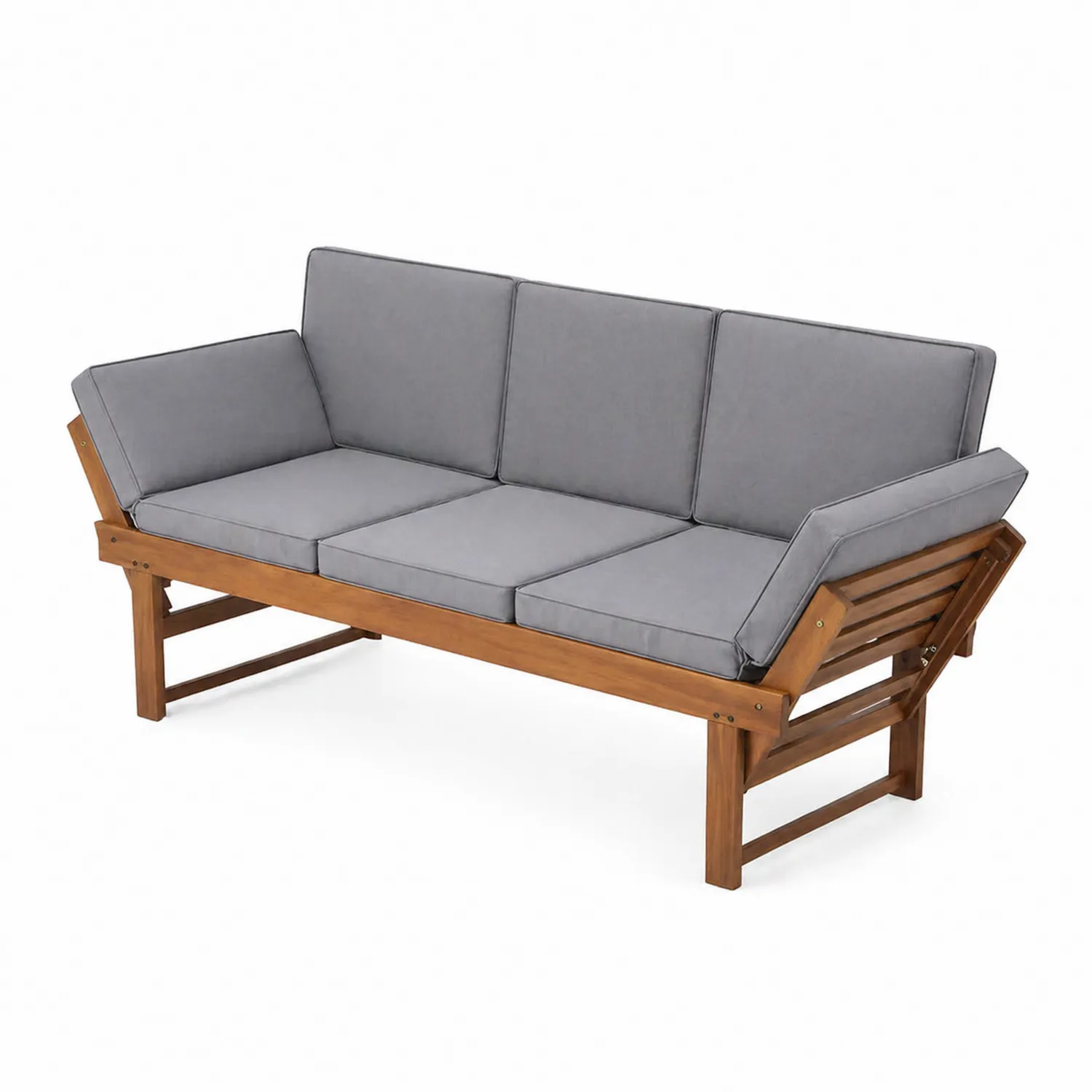 Sofa z drewna akacjowego z szarymi poduszkami