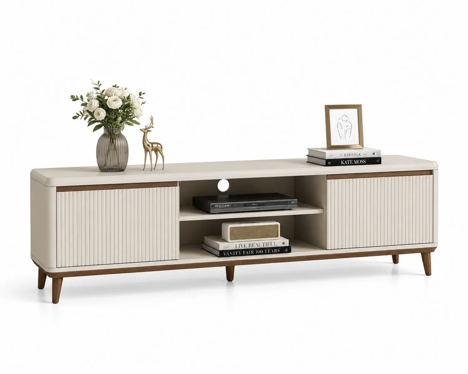 Szafka RTV z MDF i drewna kremowa, 180 x 40 x 50 cm