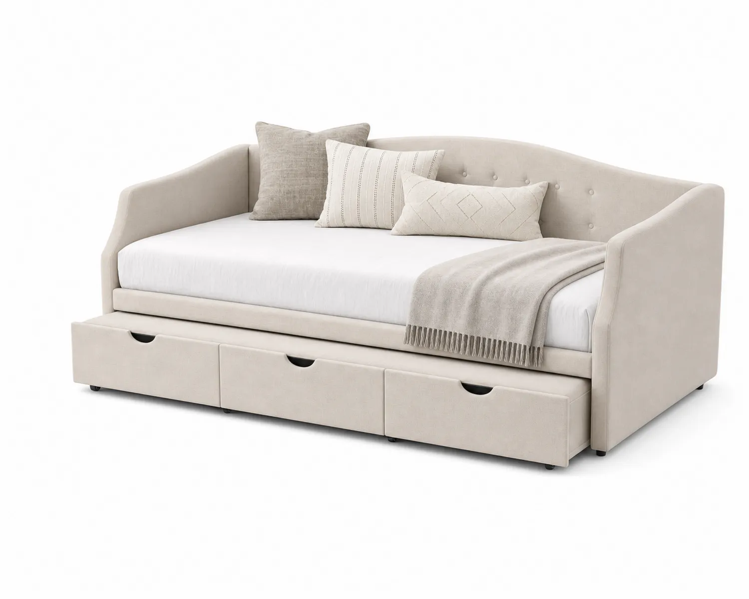 Sofa dzienna z szufladami beżowa tkanina poliestrowa 205 cm