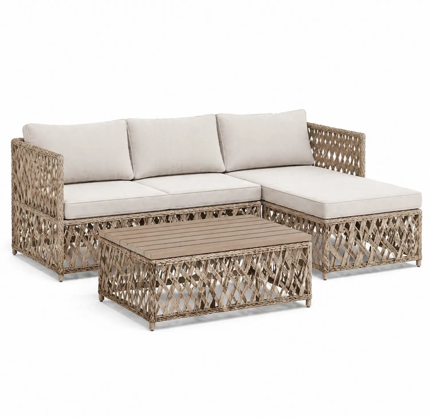 Zestaw sofa narożna i stół z techno-rattanu, Beżowy/Jasny Brązowy