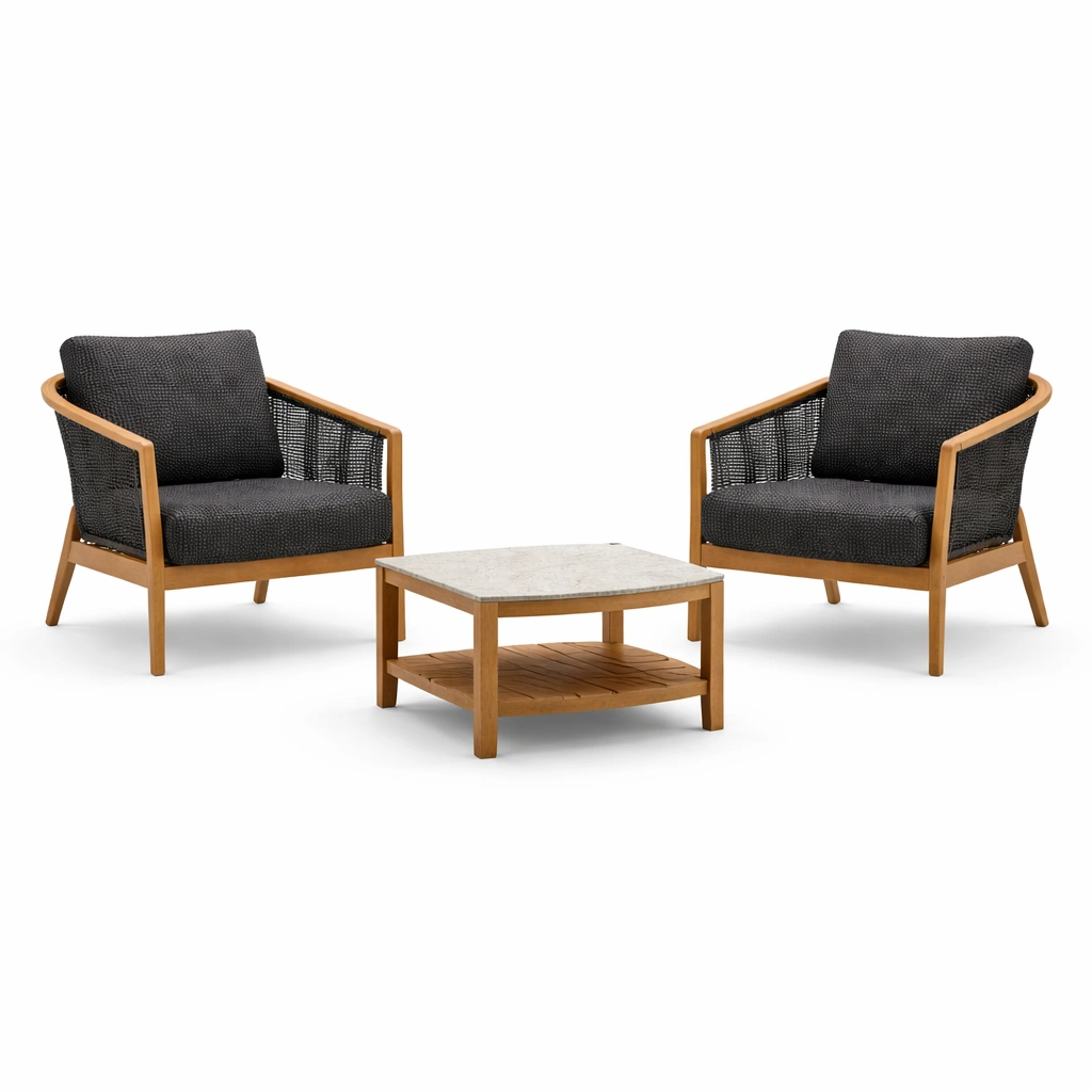 Loungeset teakholz gewebe keramiktisch-DECONIVORA