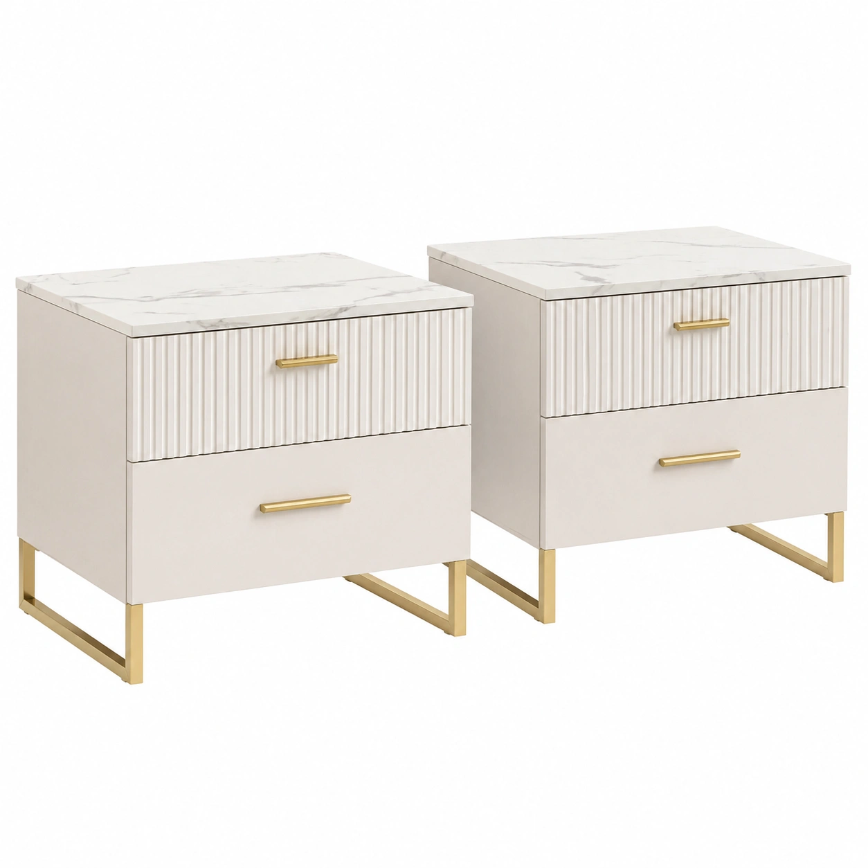 Moderne Nachtkonsole 2er Set Creme Weißs Marmoroptik Goldgestell mit 2 Schubladen-furnilinehelp