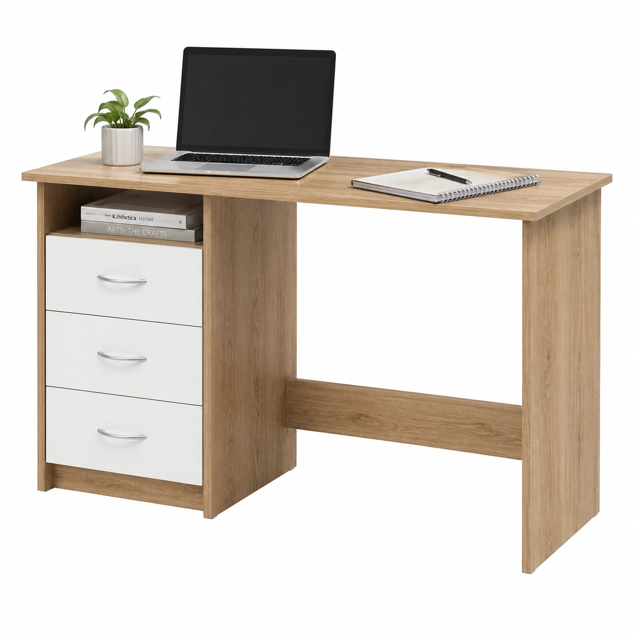 Moderner Schreibtisch Holzoptik Hell Weißs mit Schubladen und Ablage Minimalistischer Buero Tisch 123 cm-furnilinehelp