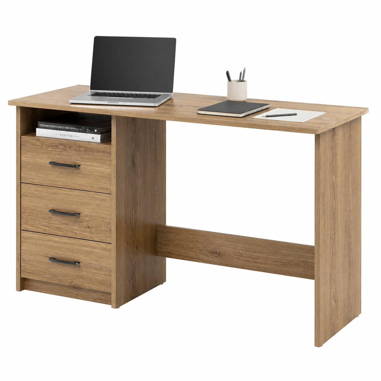 Schreibtisch in Holzoptik mit 3 Schubladen und Ablagefach 123 cm-furnilinehelp