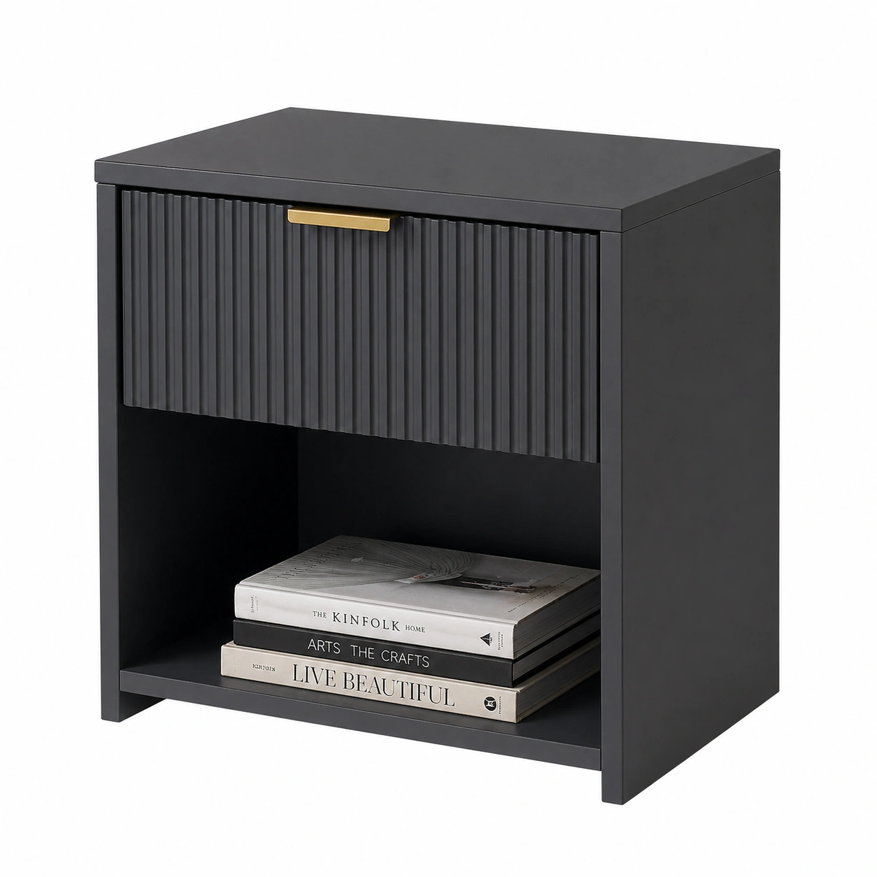 Moderne Nachtkonsole in Anthrazit mit strukturierter Front und offenem Ablagefach – ca. 39x28x41 cm-furnilinehelp
