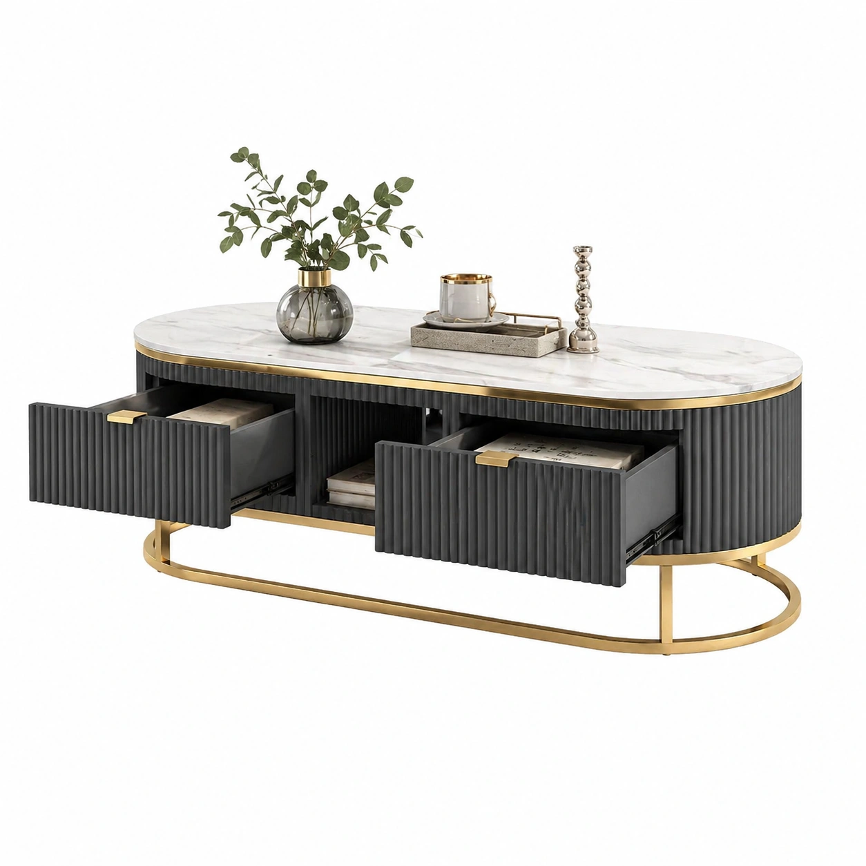Moderner Couchtisch oval mit Schubladen Marmoroptik Dunkelgrau Goldgestell-furnilinehelp