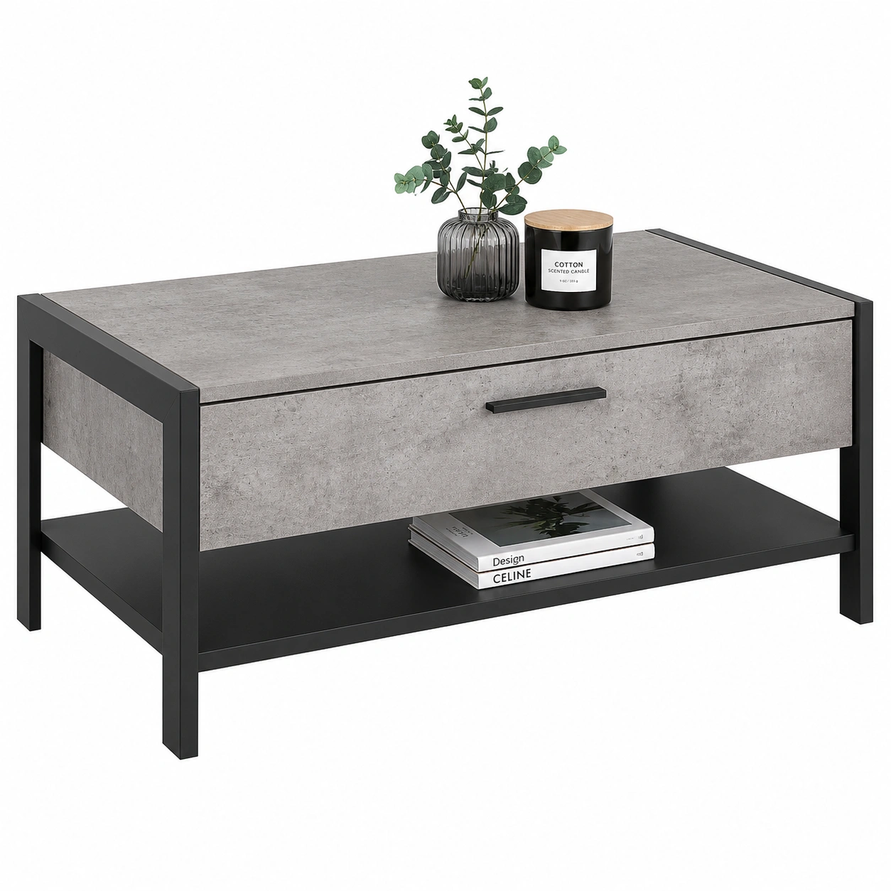 Couchtisch rechteckig Grau Holzoptik Metall modern mit Schublade und Ablage-furnilinehelp