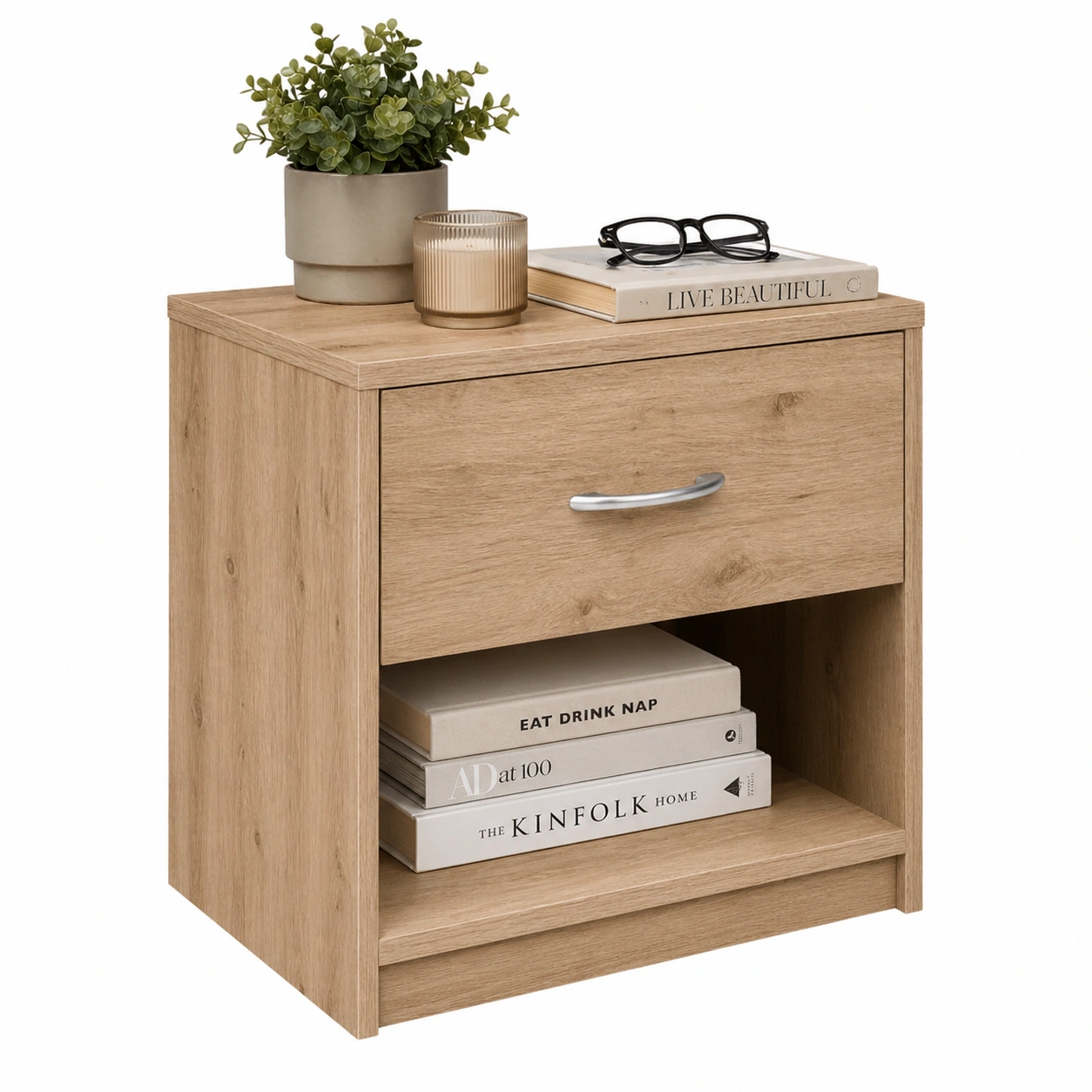 Moderne Nachtkonsole in Eiche Optik mit Schublade und offenem Fach 39x41x28 cm kompakt funktional minimalistisches Design fuer Schlafzimmer Wohnzimmer-furnilinehelp