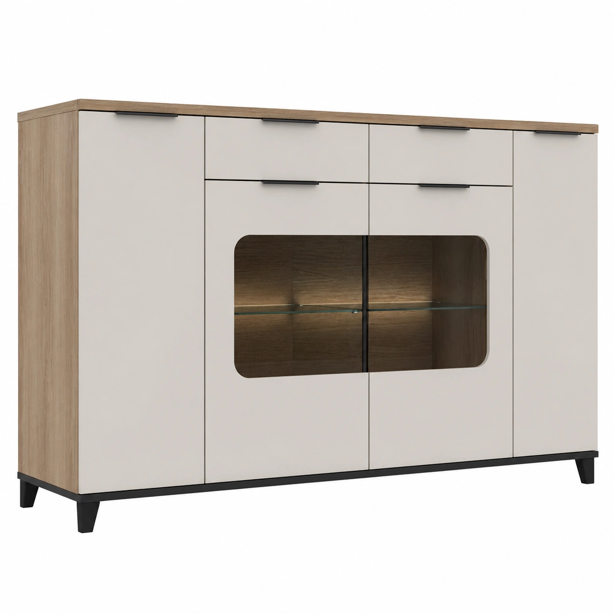 Modernes Highboard in Beige Eiche Optik mit Glasfach und LED Design-homedecorsupport