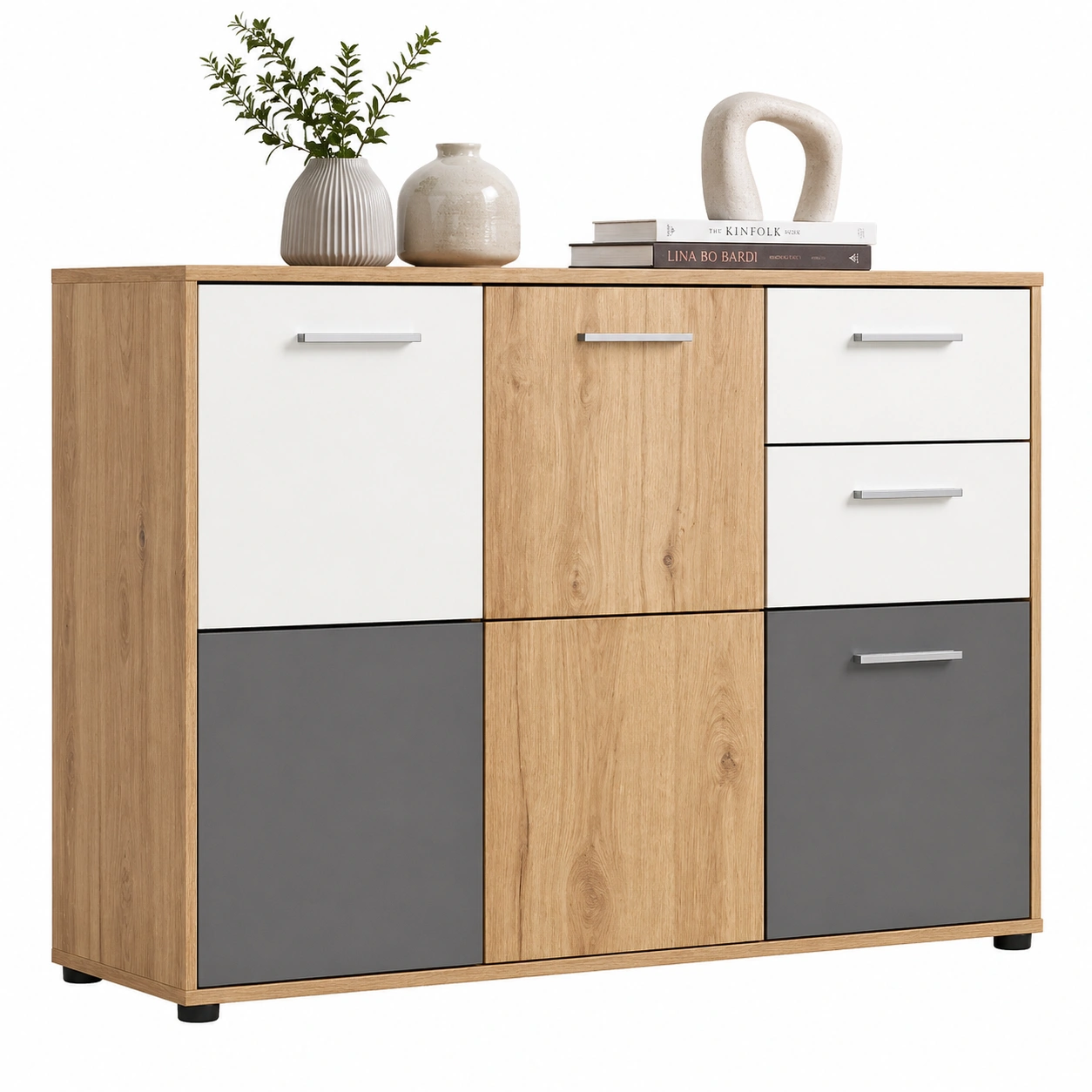 Moderne Kommode in Eiche Optik mit Weiß Grau Fronten 3 Tueren 2 Schubladen 117x82x39 cm-homedecorsupport