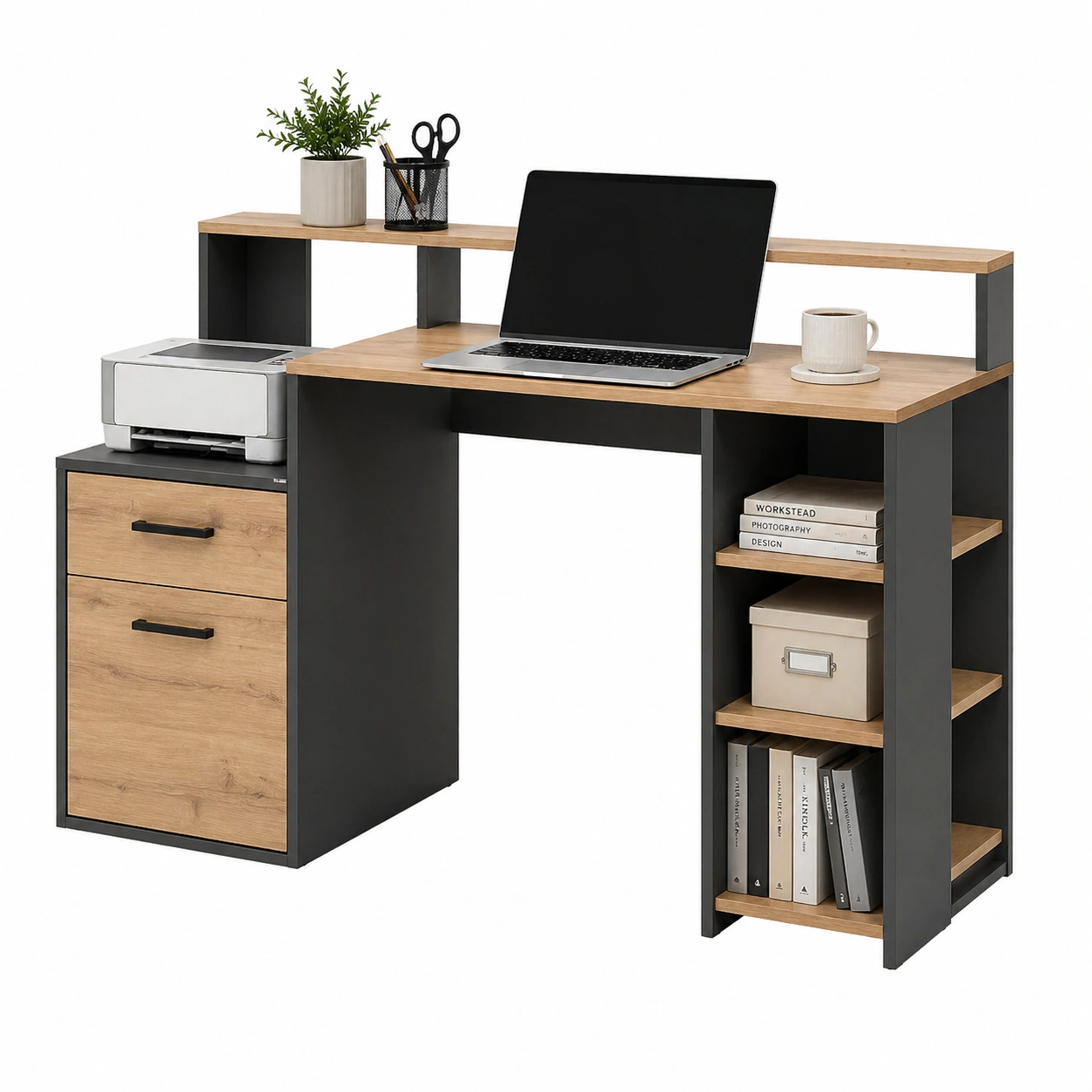 Moderner Schreibtisch in Weißs mit Beton Optik und Regalaufsatz 139x54x92 cm Home Office Design-homedecorsupport