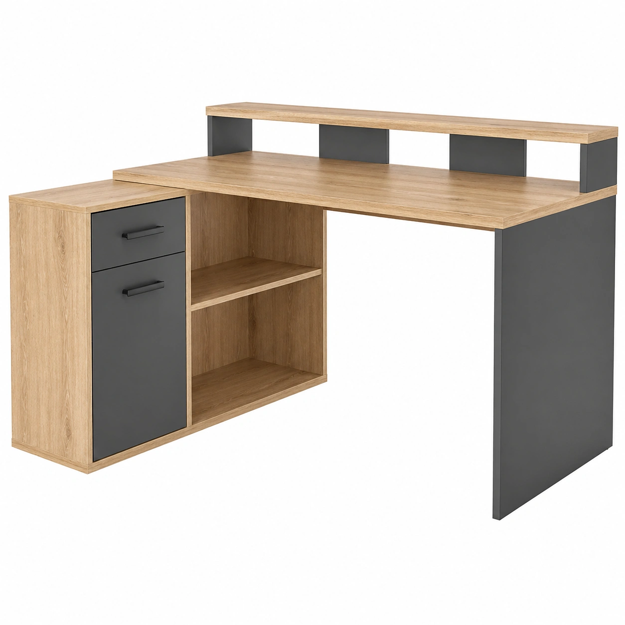 Moderner Schreibtisch mit Aufsatz und Stauraum Holzoptik natur matt funktional gross Arbeitsplatte mit Regal und Schubladen fuer Buero Homeoffice 160x115x92 cm-homedecorsupport