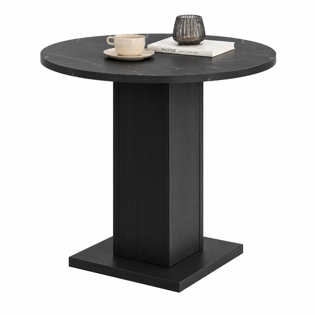 Runder Esstisch in schwarzer Marmoroptik mit massivem Saeulenfuss im modernen Design-furniguidehelp