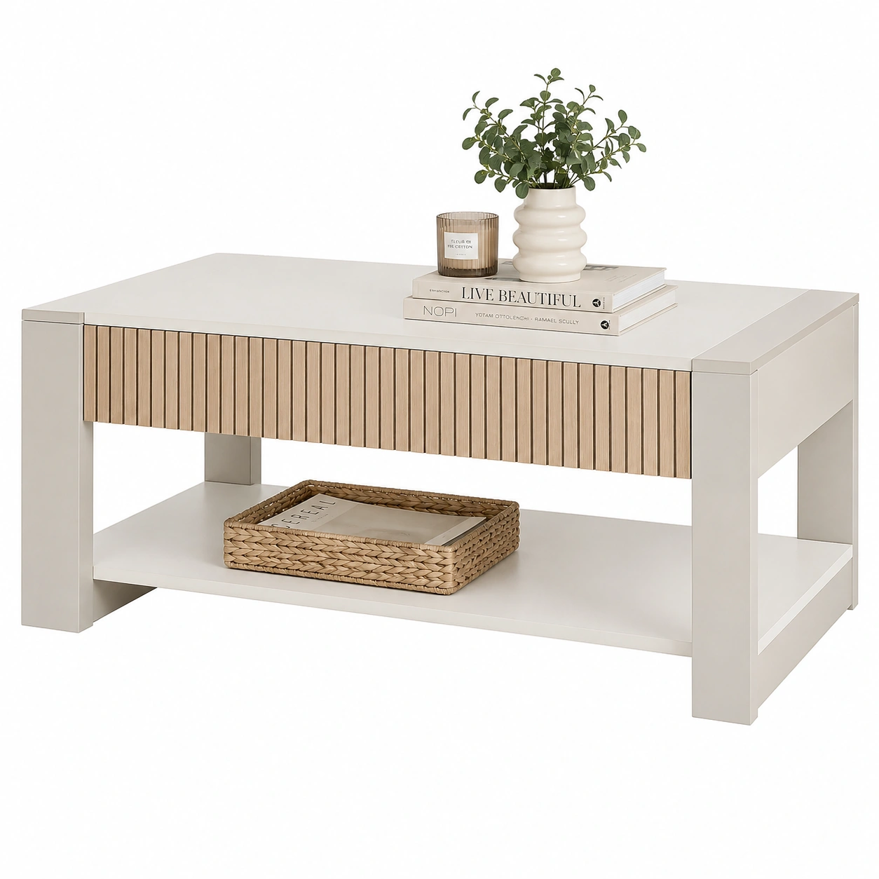 Moderner Couchtisch Holzoptik Beige mit Ablagefach 107 cm-furniguidehelp