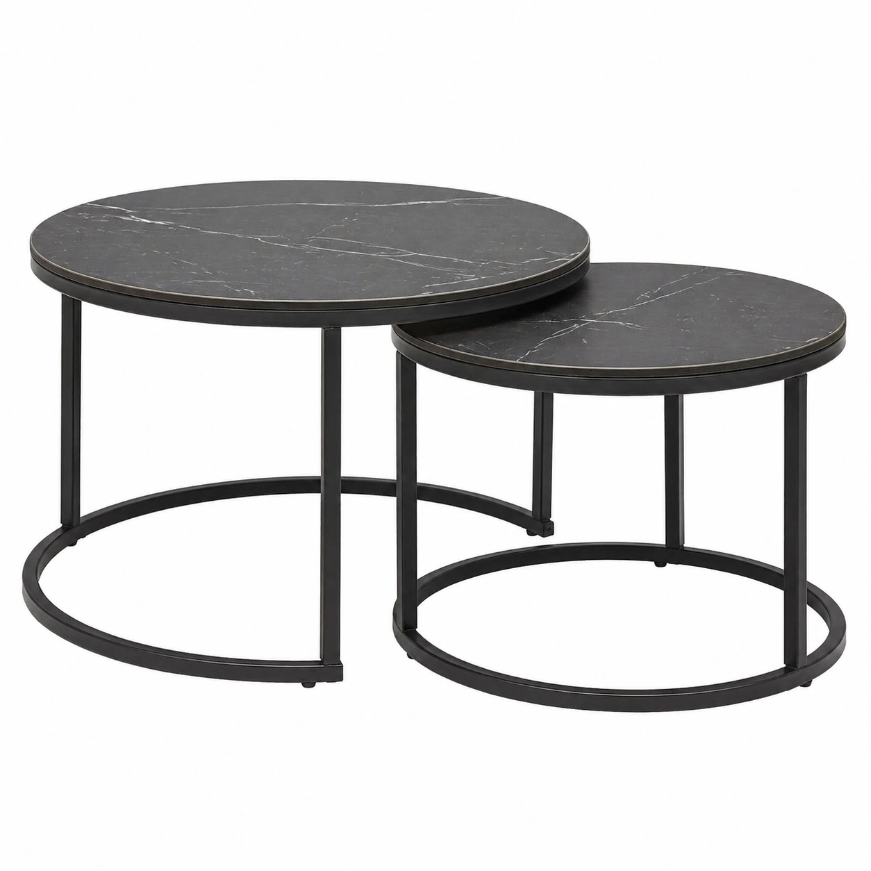 Rundes Couchtisch Set in Schwarz Marmoroptik mit Metallgestell 2er Set Modernes Design-furniguidehelp