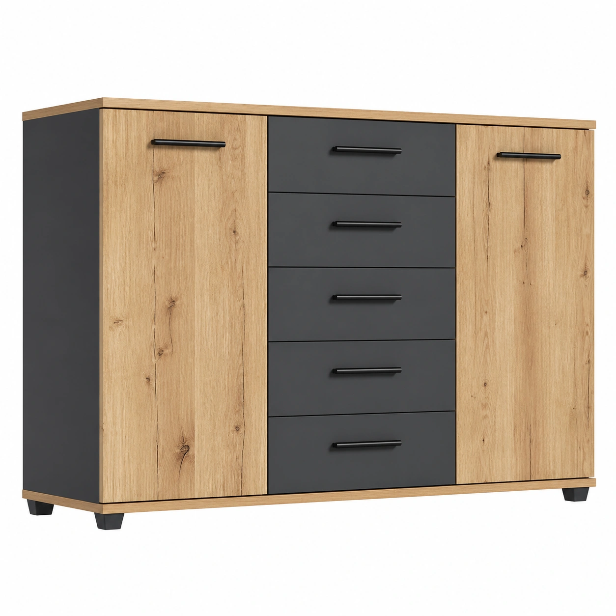 Moderne Kommode mit 2 Tueren und 4 Schubladen Holzoptik Natur Schwarz 120x85x35 cm-furniguidehelp
