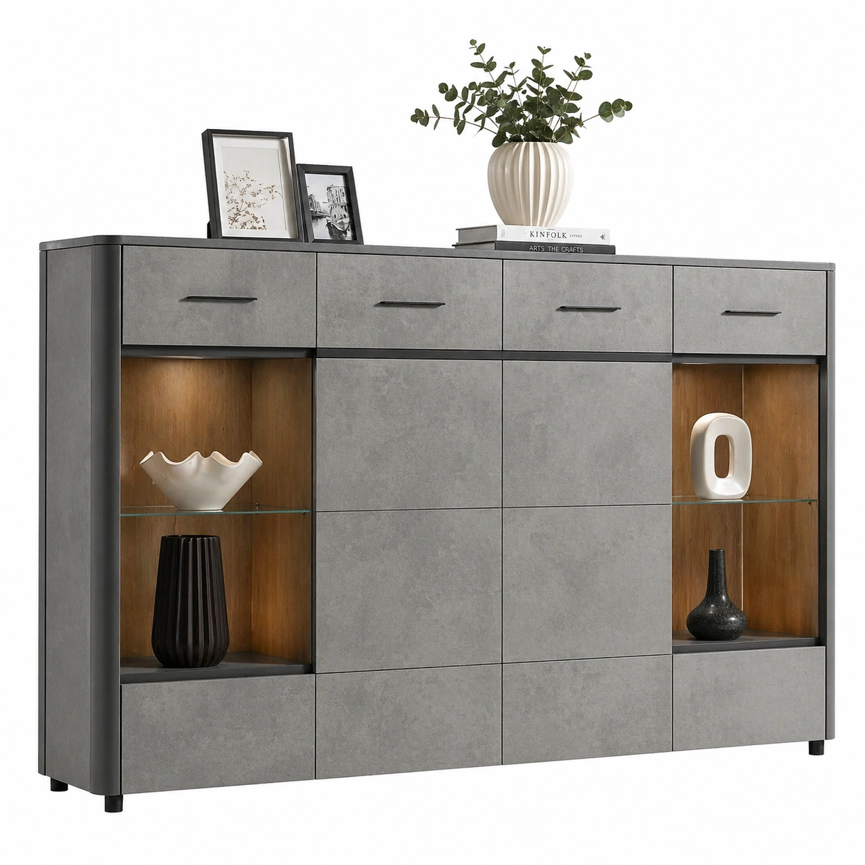 Highboard modern Betonoptik Grau mit offenen Faecher und Schubladen 210x111x40 cm-furniguidehelp