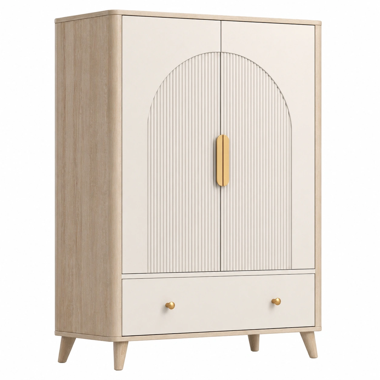 Modernes Highboard mit geriffelter Front und Massivholzoptik Beige Natur-furniguidehelp