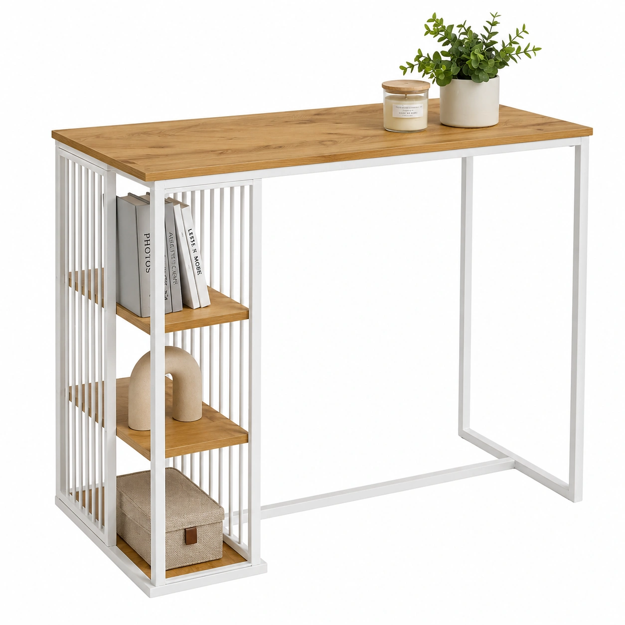 Moderner Bartisch mit integriertem Regal in Weiß-Holzoptik, 120x60x103 cm-furniguidehelp