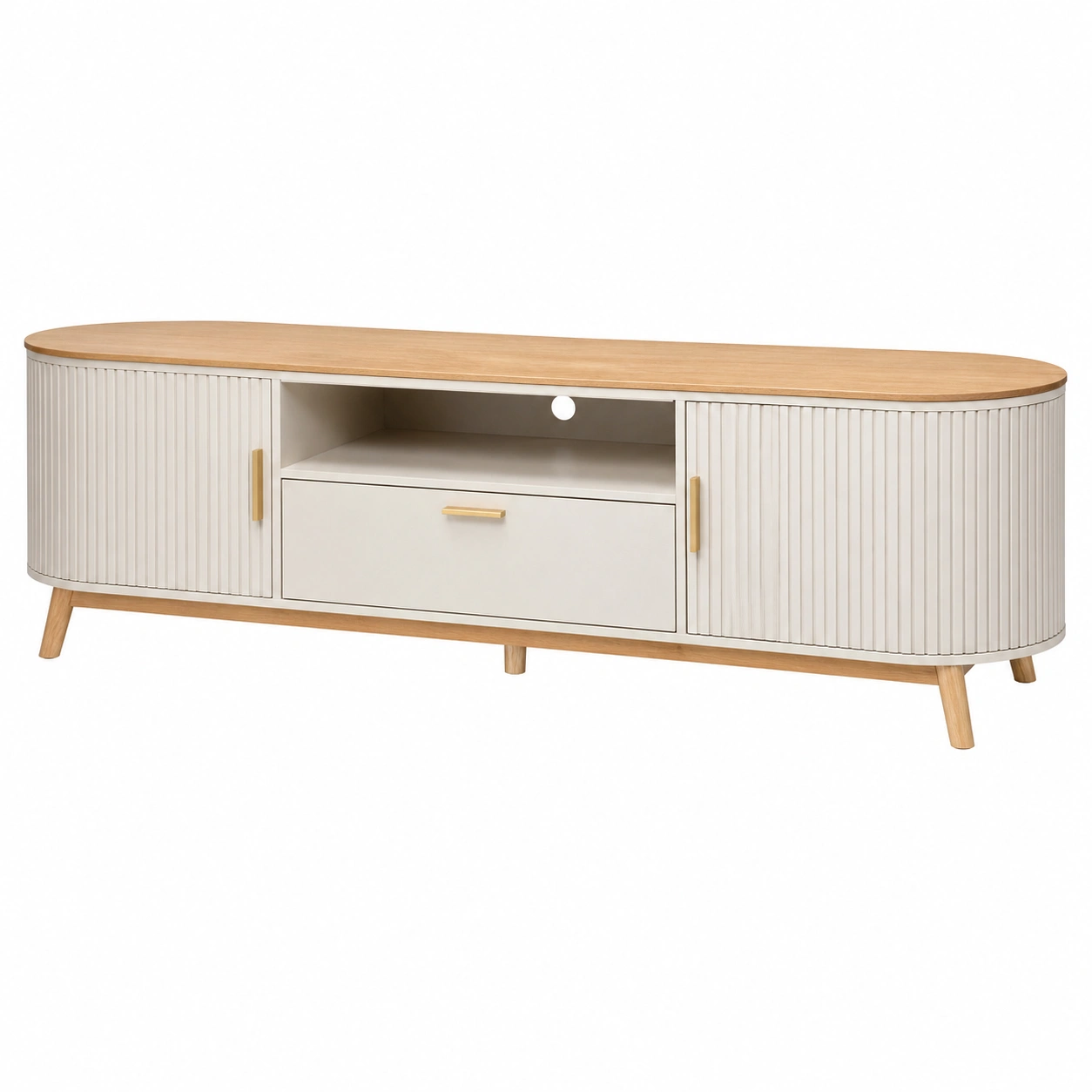 TV Lowboard modern creme beige mit Holzoptik und Lamellenfront 168x40x41 cm-furniguidehelp