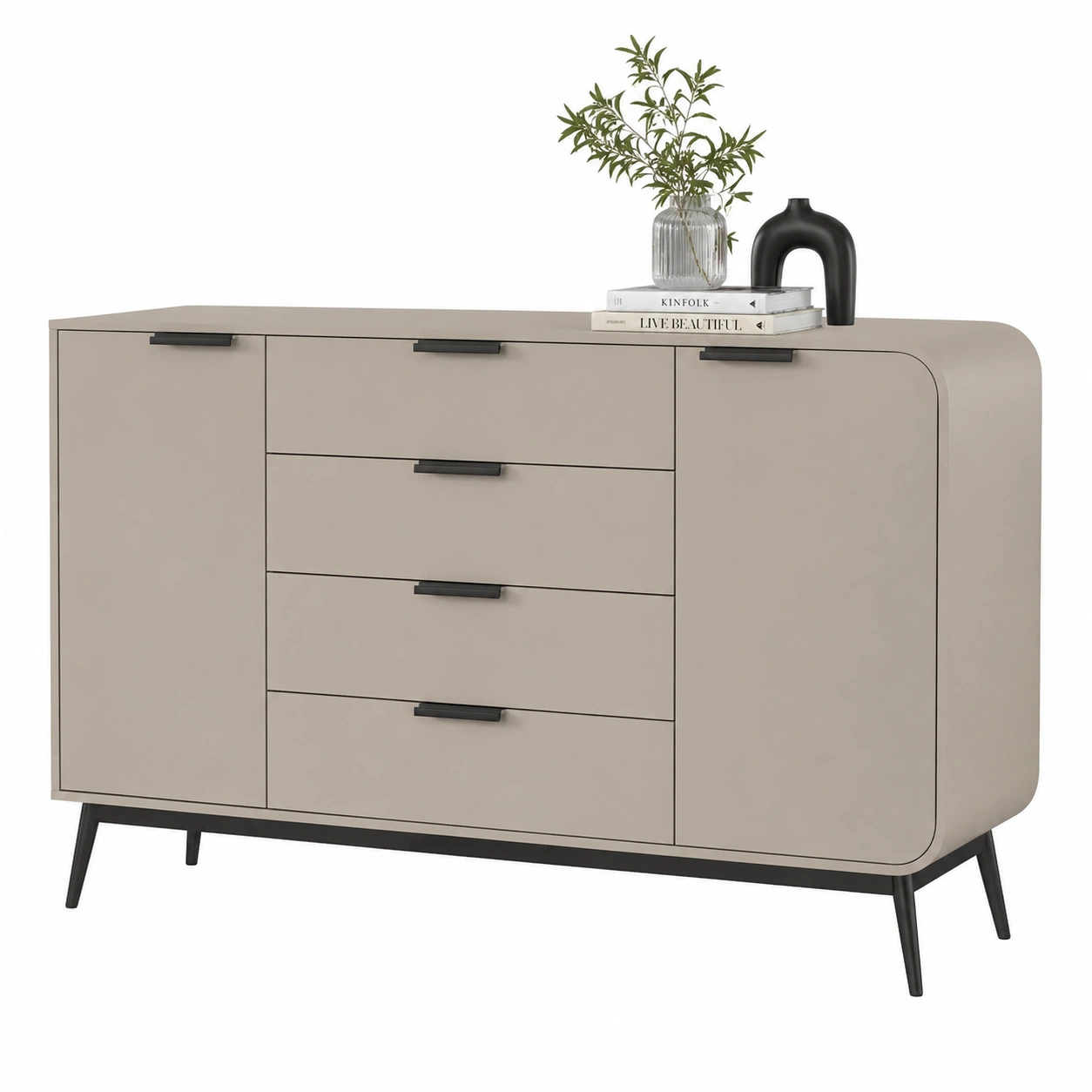 Kommode modern Beige minimalistisch 180x99x40 cm Sideboard mit Metallbeinen und Griffen-decohelpdesk