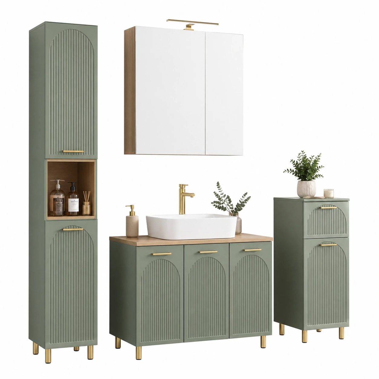 Badkommode Set Modern Gruen Matt Holzoptik mit Waschbecken und Hochschraenken 3-teilig-decohelpdesk