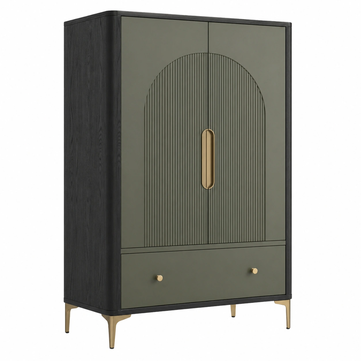 Modernes Highboard mit geriffelter Bogenfront in Dunkelgruen und Holzoptik-decohelpdesk
