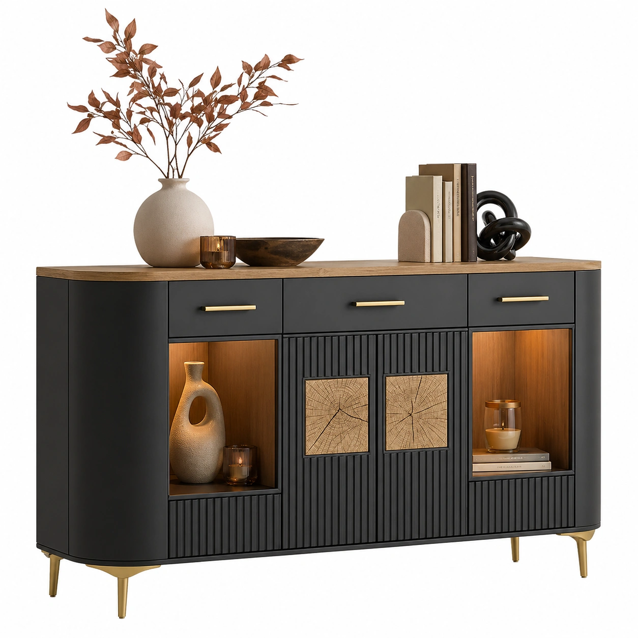 Sideboard Fun Plus 2 modern minimalistisch 170x94x42 cm schwarz matt Holzoptik Wohnzimmermoebel Aufbewahrungskommode-decohelpdesk