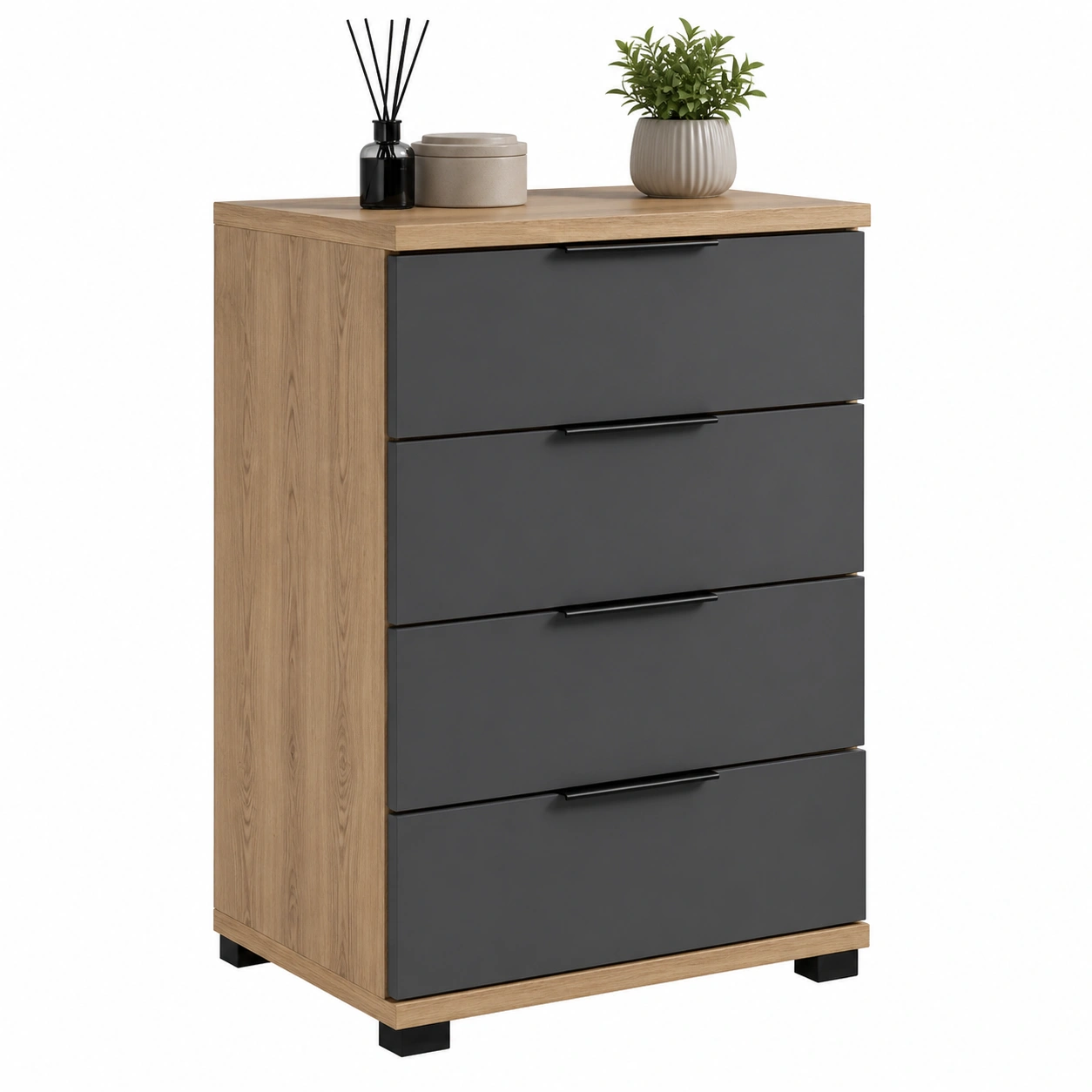 Moderne Nachtkonsole mit 4 Schubladen in Eiche Natur und Dunkelgrau – Kompakter Nachttisch mit klarer Linienfuehrung | B/H/T ca. 46x79x42 cm-furnisupport