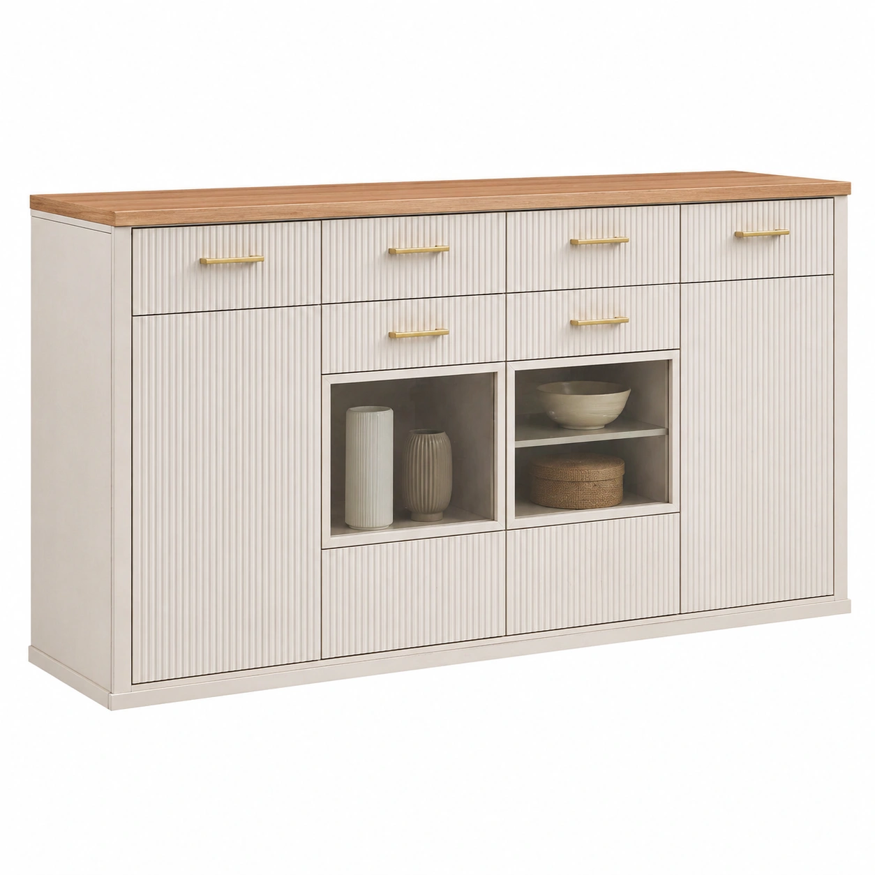 Modernes Highboard mit Strukturfront und Glasvitrinen in Creme Holzoptik-furnisupport