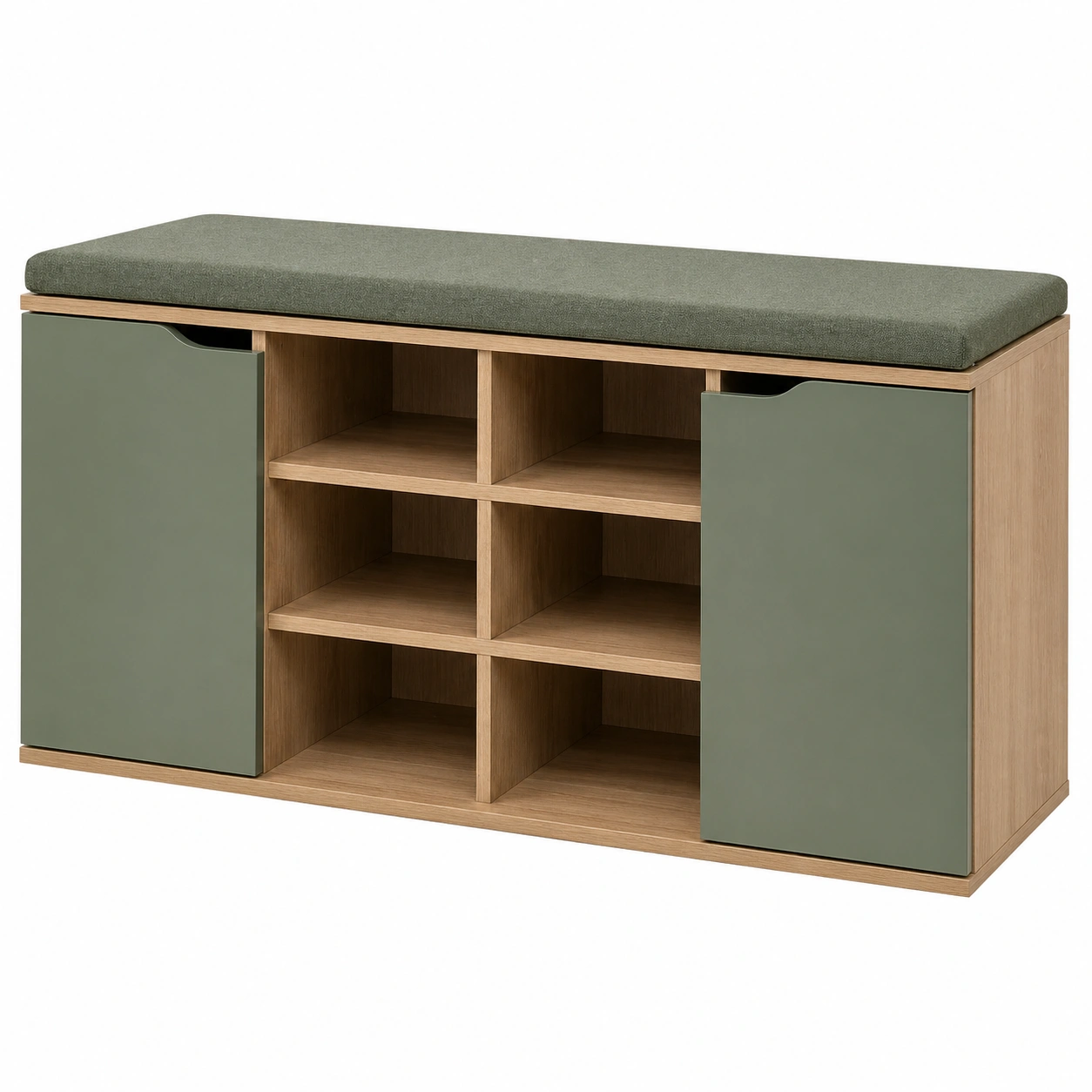 Schuhbank mit Sitzkissen Gruen Holzoptik Offenes Fachsystem mit Tueren 103x48x30 cm-furnisupport