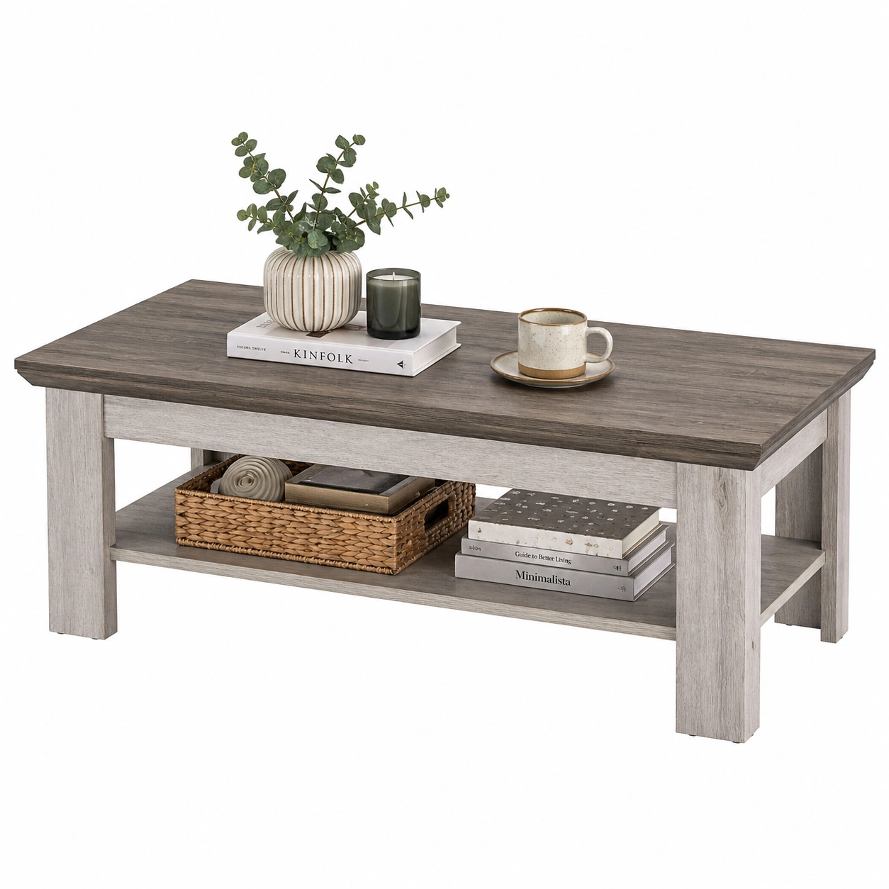 Couchtisch Weißs Holzoptik Rechteckig Wohnzimmer Tisch mit Ablage ca 120 x 60 x 45 cm-furnisupport