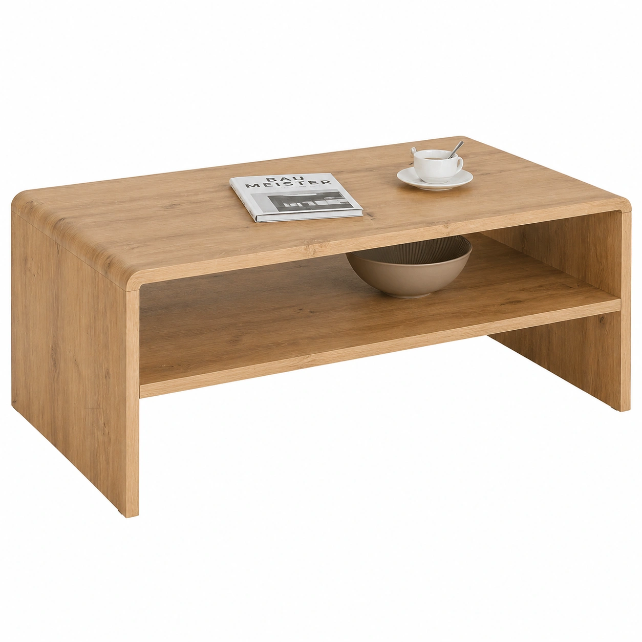 Moderner Couchtisch Holzoptik Natur abgerundet minimalistisch mit Ablagefach Wohnzimmer Tisch stabil funktional-furnisupport