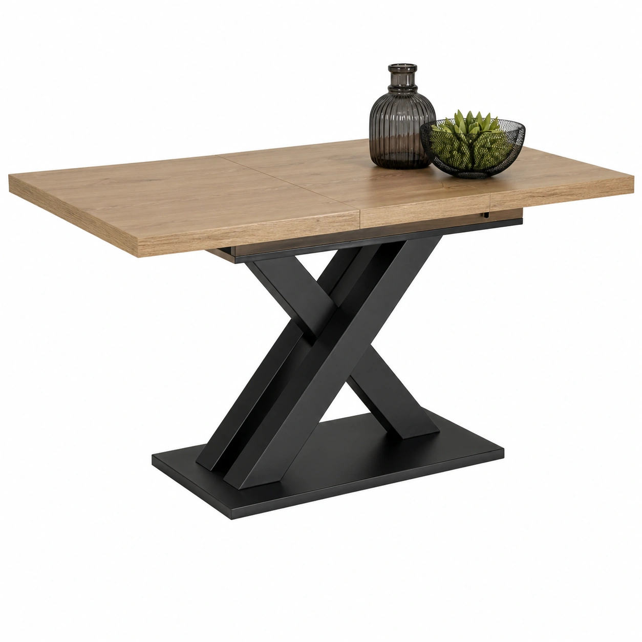 Moderner Esstisch in Eiche Natur und Schwarz – Rechteckiger Tisch mit X Gestell aus Metall | B/H/T ca. 120x76x80 cm-furnisupport