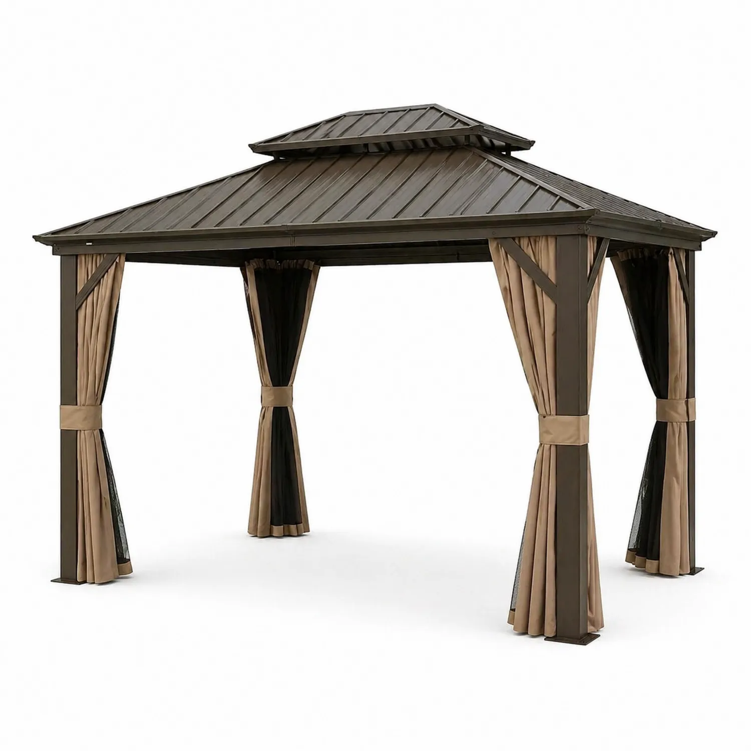 Metallgartenpavillon 3x4 m mit Doppel-Wellblechdach und Polyester-Vorhängen Braun