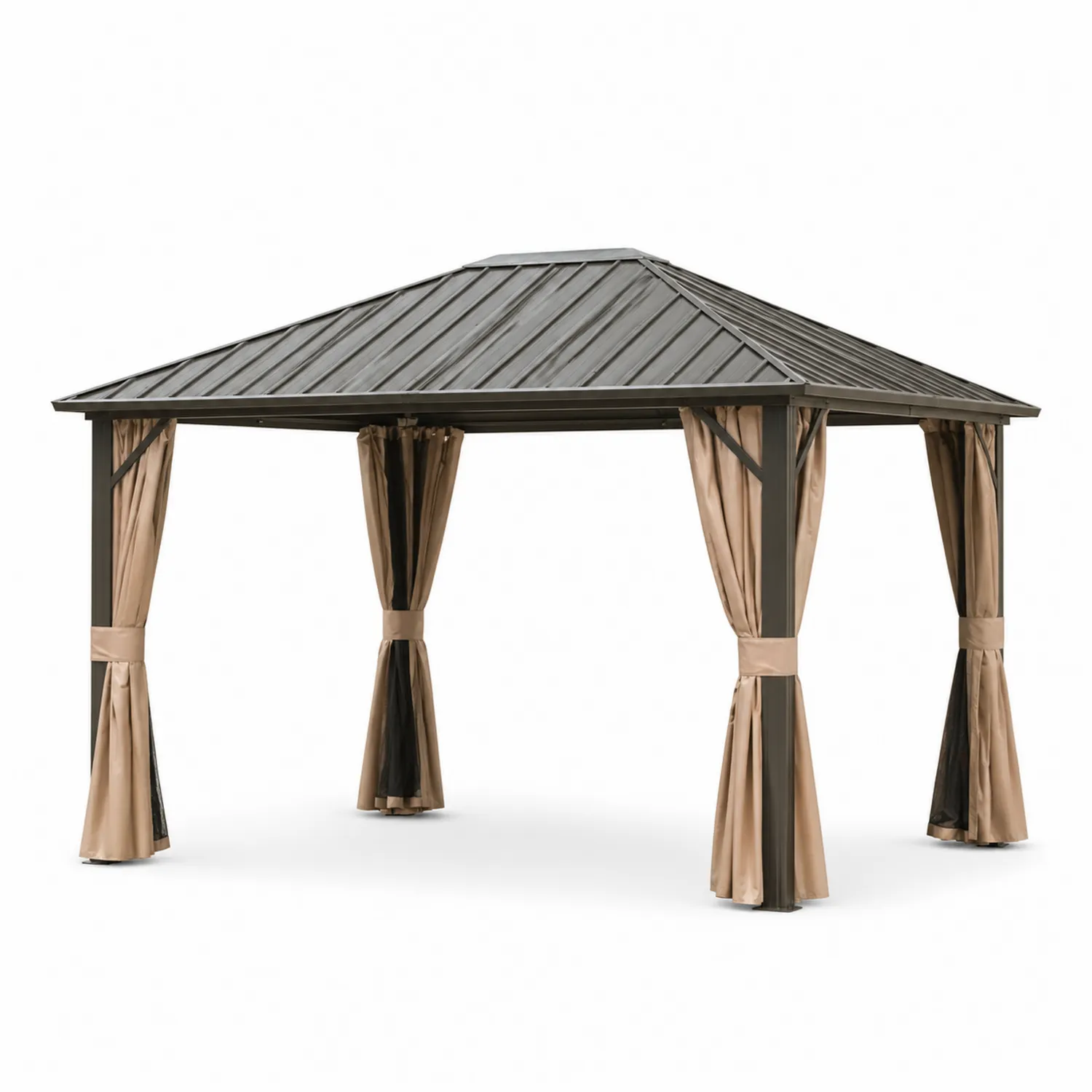 Gartenpavillon Aluminium 3x4m Braun mit Vorhängen und Insektenschutz