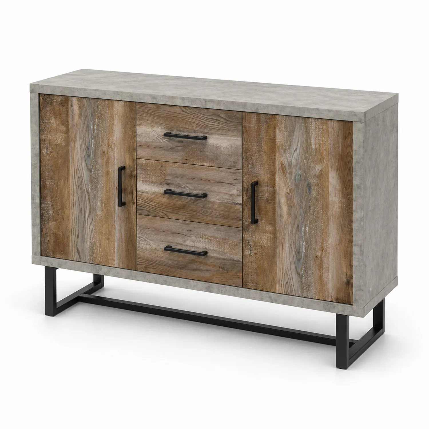 Sideboard aus Altholz und Betonoptik mit Metallrahmen, 3 Schubladen und 2 Türen