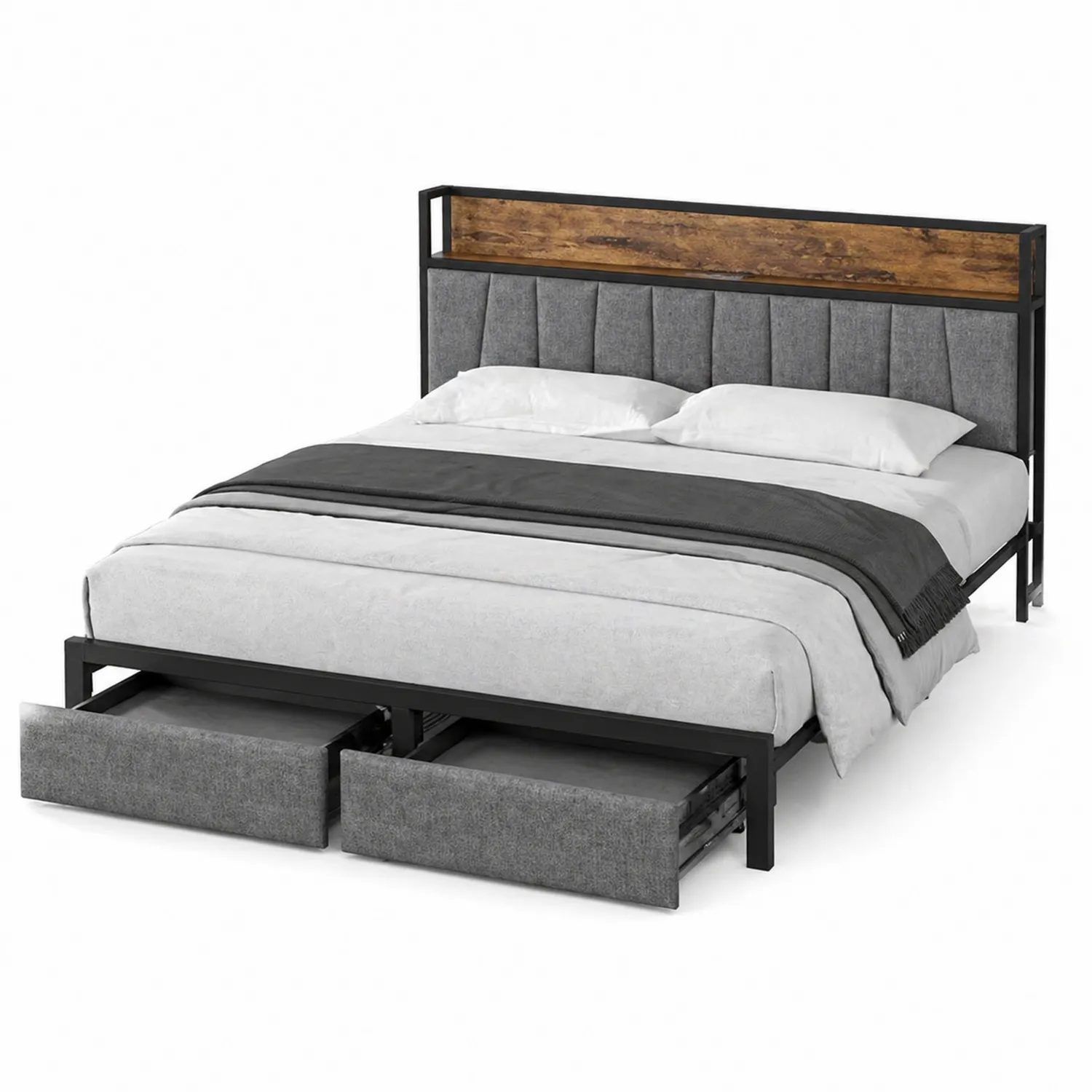 Doppelbett Metallrahmen mit Holz-Kopfteil und Schubladen 200x160 cm