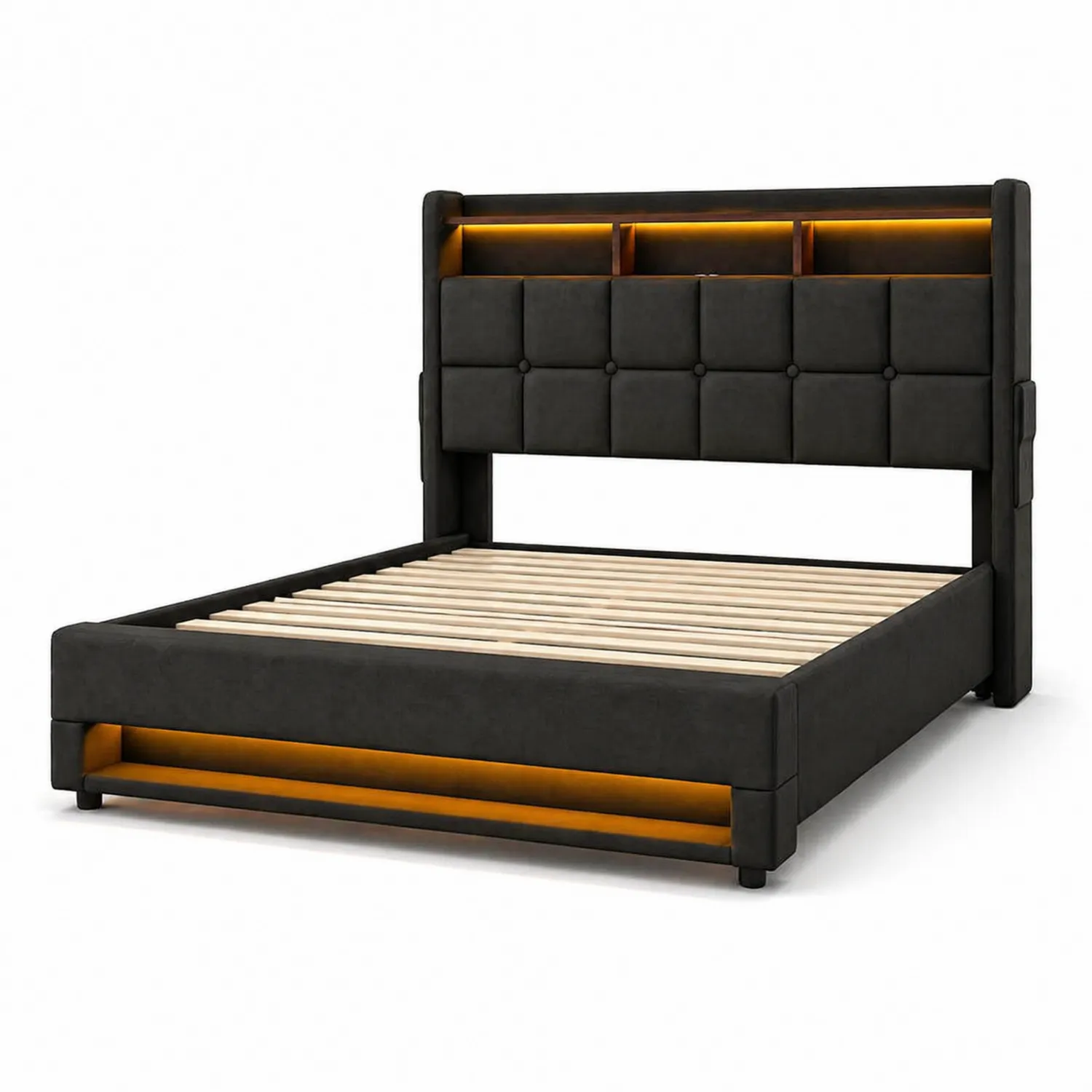 Polsterbett mit LED-Beleuchtung und Kopfteilregal Schwarz 200x160 cm