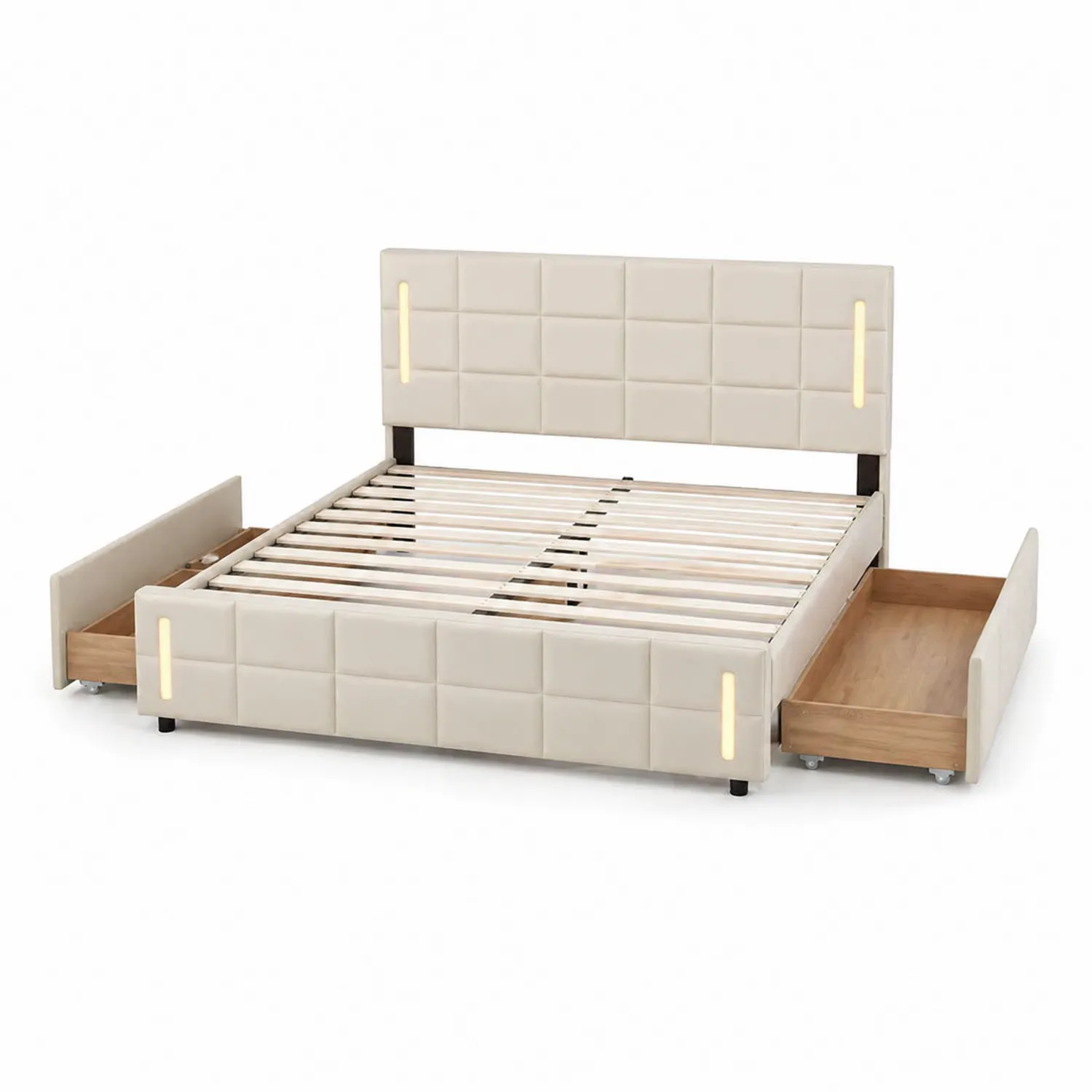 Bett mit Schubladen und LED-Leuchten PU Leder Beige 200x160 cm