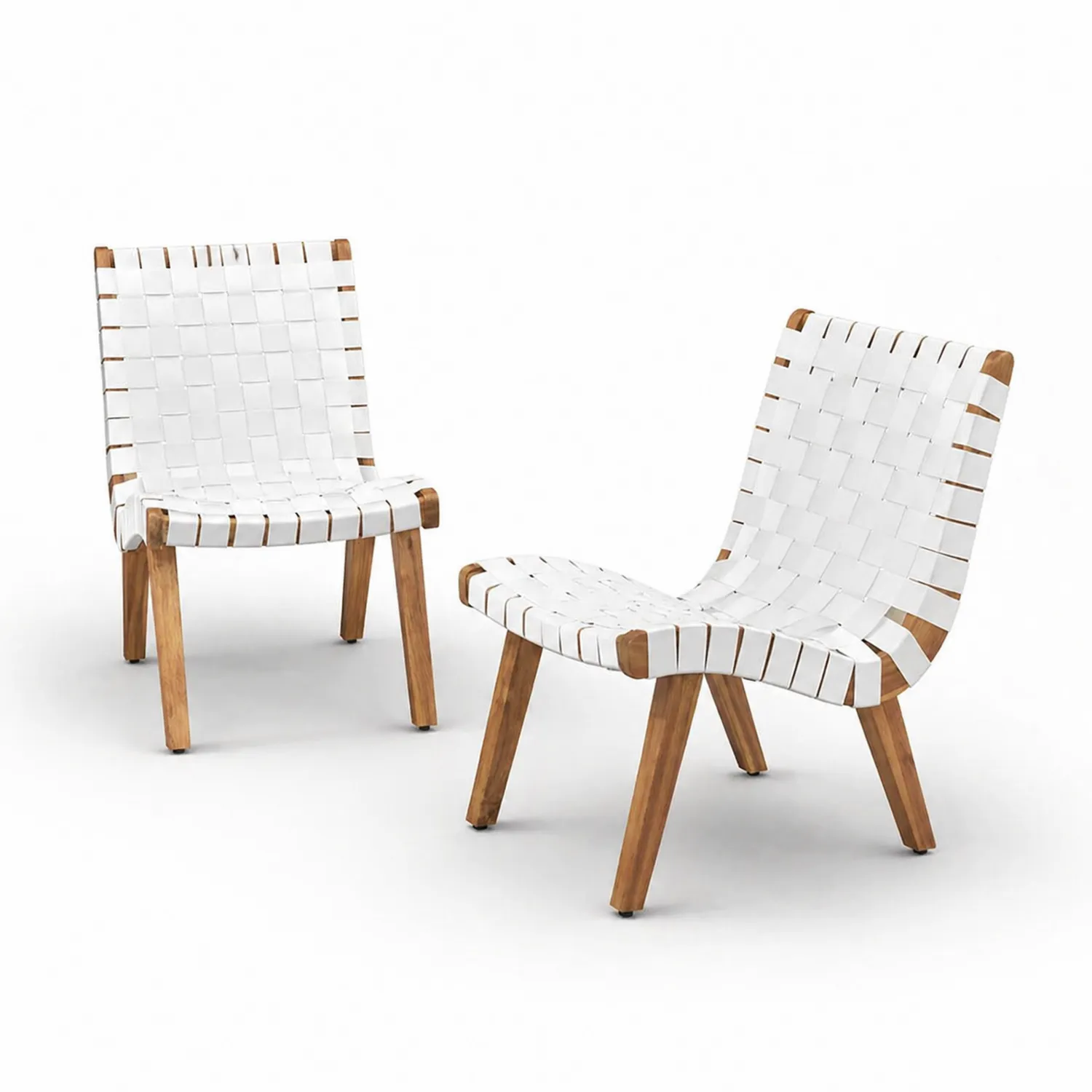 Loungestuhl Set aus Holz mit Polyestergeflecht in Weiß