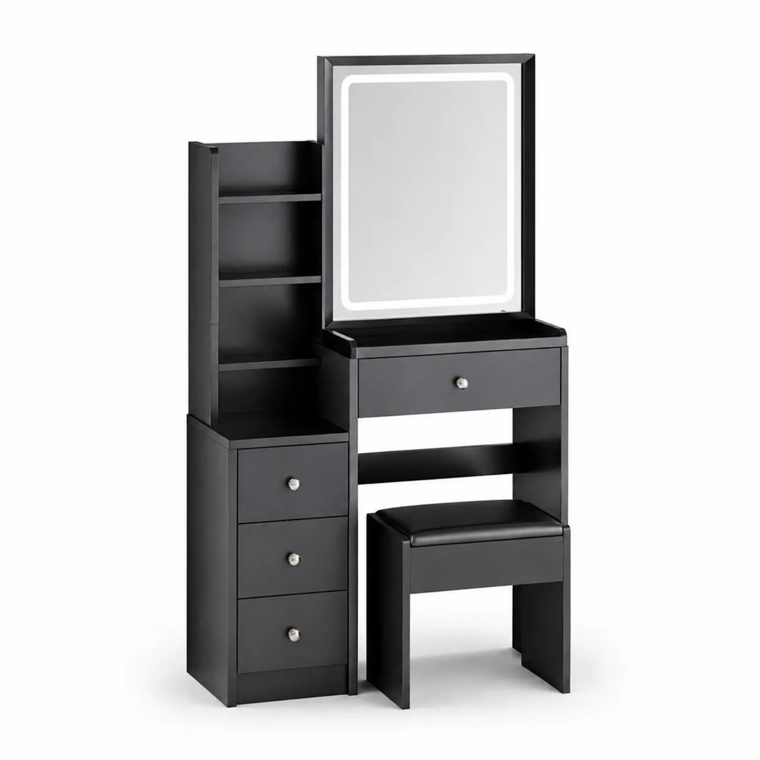 Schminktisch-Set mit LED-Spiegel und Hocker, Holz, Schwarz
